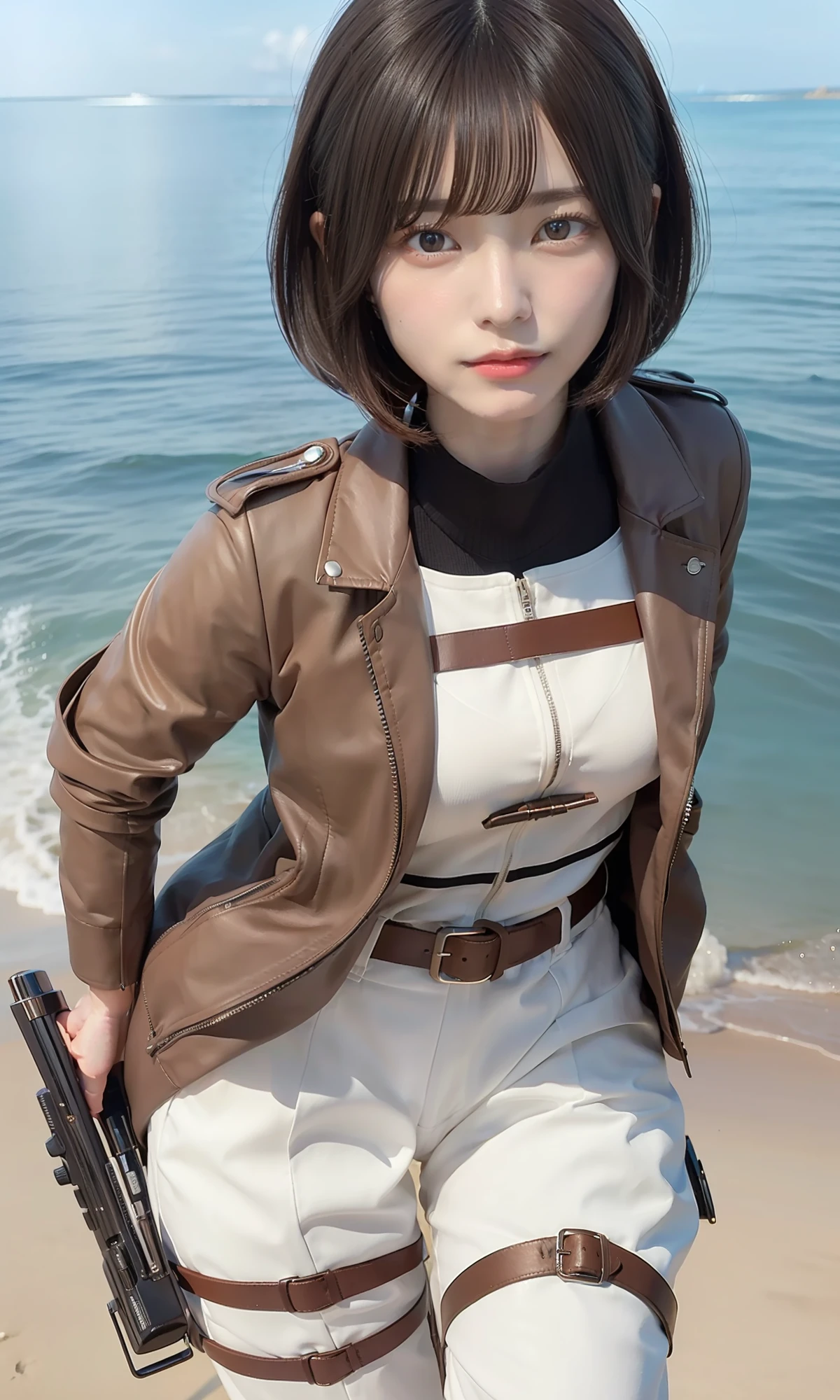 Mikasa Ackerman, a stunning depiction of her with short black hair and a brown jacket, wearing white trousers, showcasing ultra-detailed and realistic artwork. She is seen wielding her 3D maneuvering tool on a breathtaking beach.
