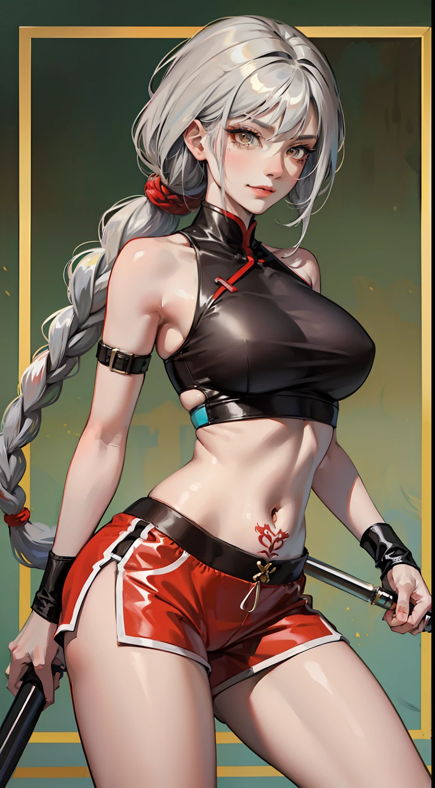 Adult woman, Gray hair in a long braid, golden eyes, sporty figure, Chinese turquoise top, Red Shorts, Tonfa, Tatoo, smirk, Masterpiece, hiquality