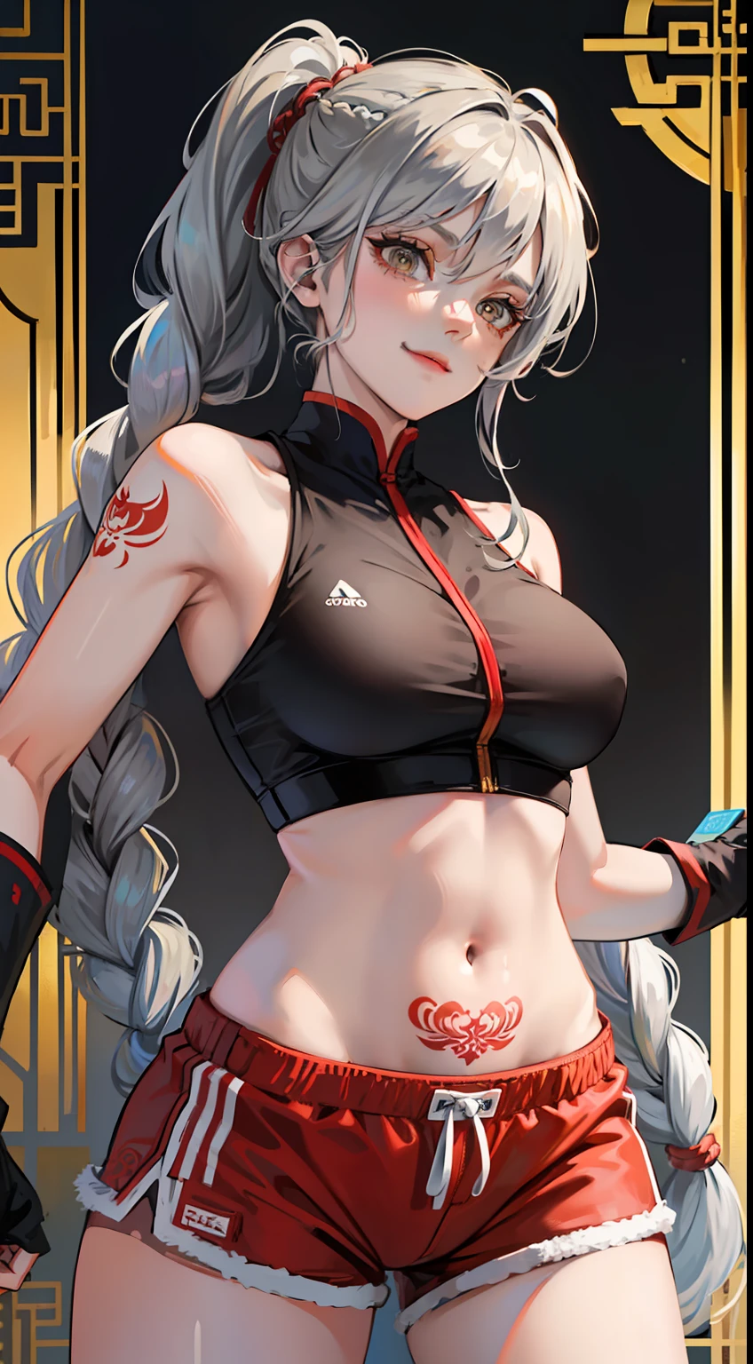 Adult woman, Gray hair in a long braid, golden eyes, sporty figure, Chinese turquoise top, Red Shorts, Tonfa, Tatoo, smirk, Masterpiece, hiquality