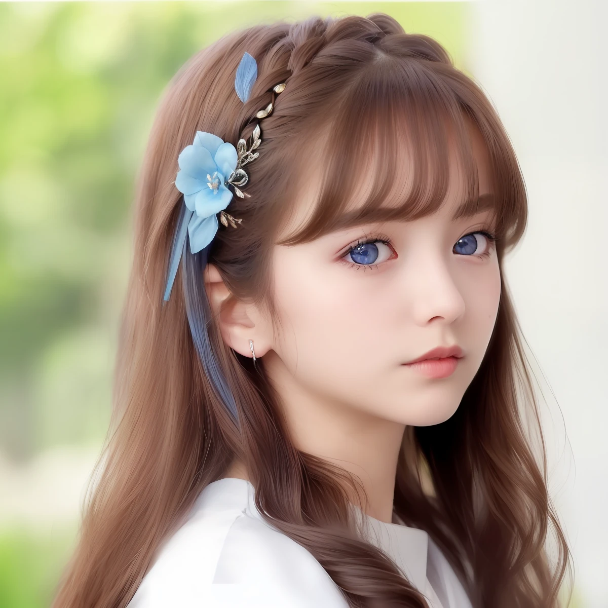 (8K、RAW Photos、top-quality、masterpiece:1.2)、(reallistic、Photorealsitic:1.37)、top-quality、超A high resolution、photon maping、Radio City、Physically Based Rendering、Blurred、foreground、depth of fields、Blurry background、a picture_\ (Curly\)、motion-blur、(brown__ (The hair), 1girll, Long, hair adornments, s lips, hair clips, 独奏, blue eyess, nase