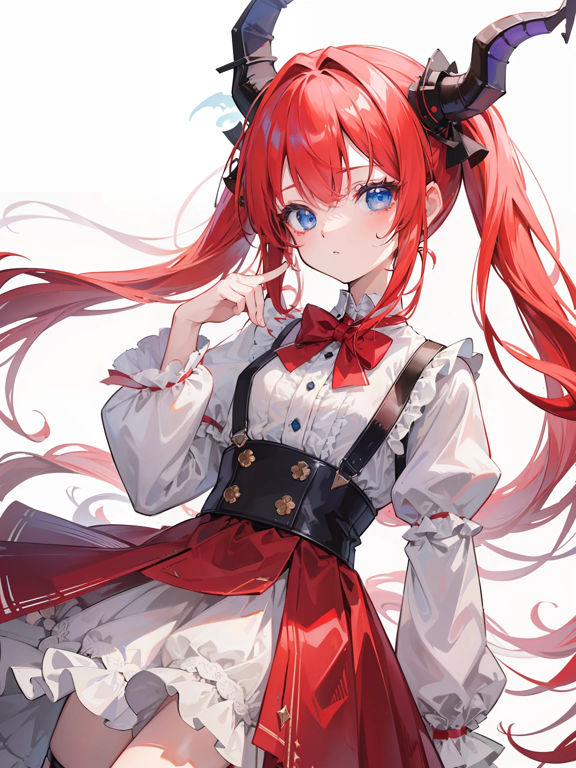 {{best quality}}, {{masterpiece}}, {{ultra-detailed}}, {illustration}, {detailed light}, red hair,blue eyes,twintails,lolita,Suspenders skirt,Fantastic,loli,solo,Dragon horns,little girl,long hair