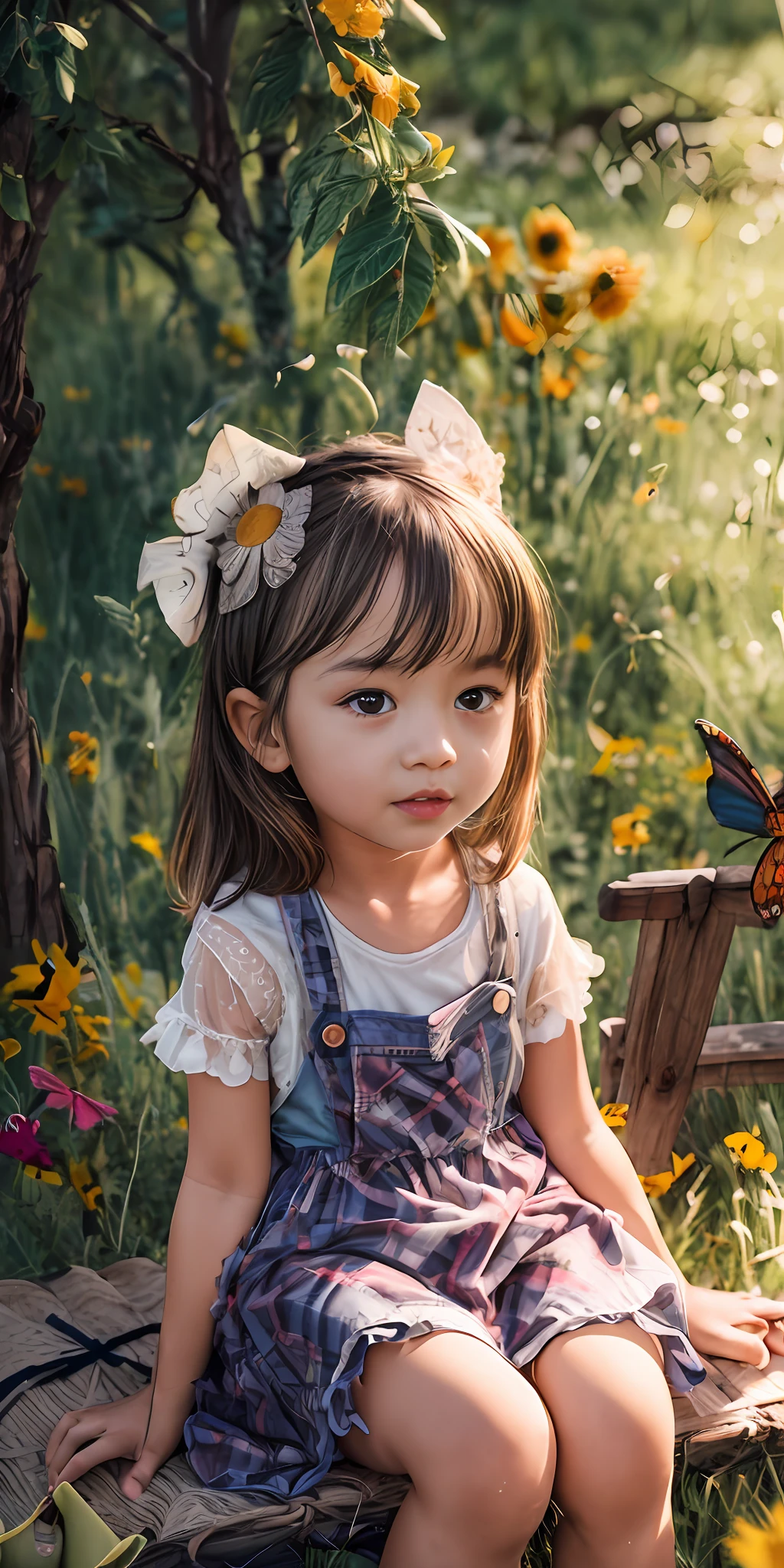 High Detail, Ultra Detail, 8K, Ultra High Resolution A cute and innocent girl, child, toddler, enjoying her time in the open field, surrounded by the beauty of nature, warm sun sprinkling on her, wildflowers gently swaying in the breeze. Butterflies and birds flutter around her, adding to the playful atmosphere,