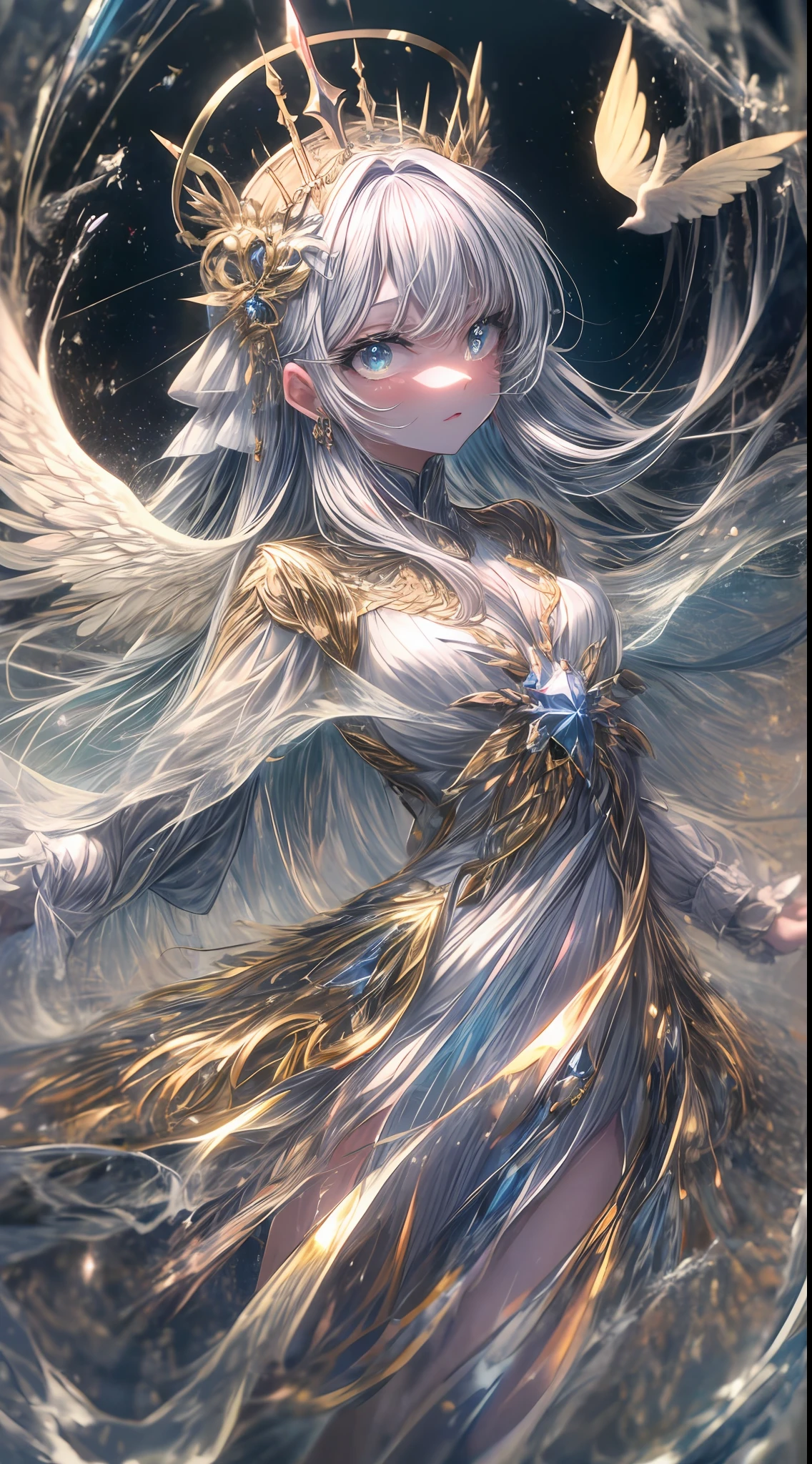In the realm of celestial beings, a radiant angel named Celestia graces the heavens with her presence. Her luminous form is adorned with flowing robes of iridescent white and gold, their gentle billowing reminiscent of ethereal clouds. Eyes like pools of endless starlight hold a serene and compassionate gaze, while her opalescent wings shimmer with every graceful movement. A golden halo hovers above her head, casting a soft, divine glow. With a voice that echoes like celestial music, Celestia carries messages of hope and guidance, a symbol of purity and divine love.
