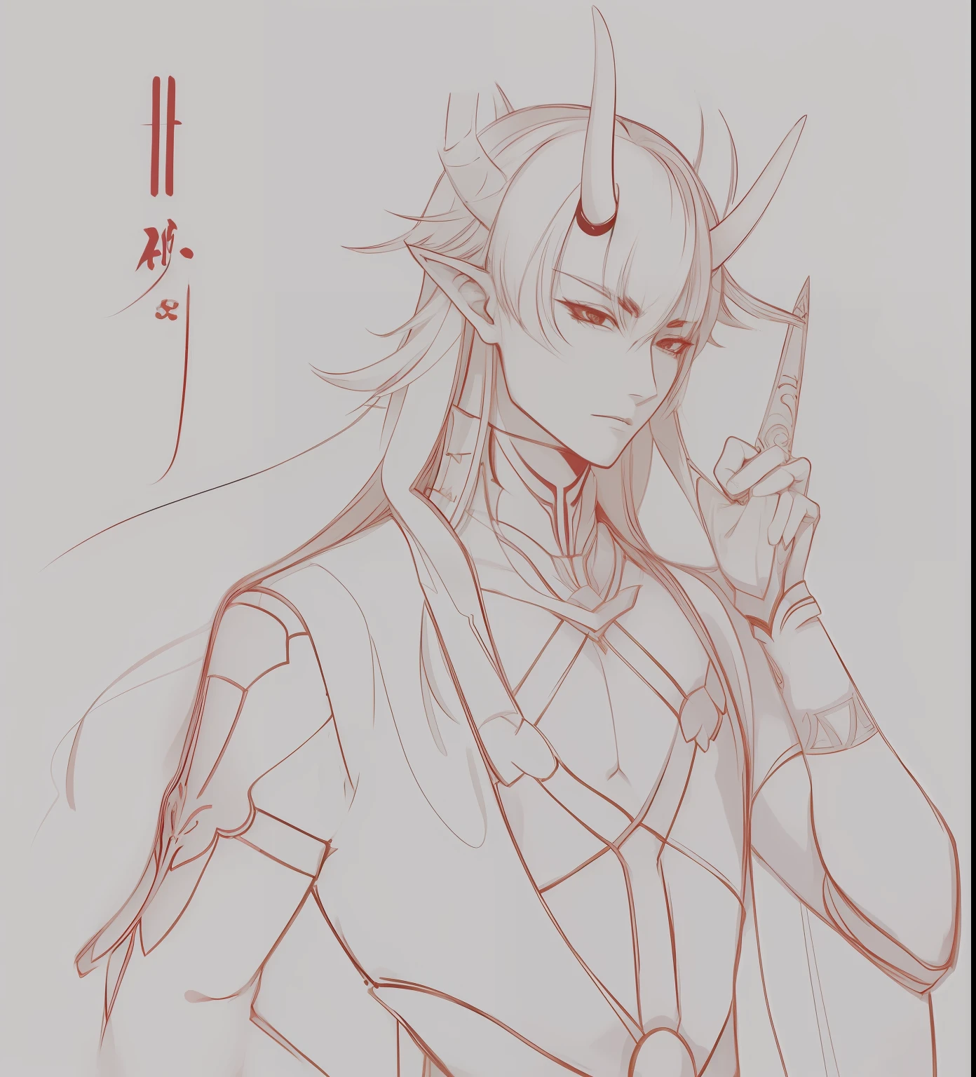 Anime drawing of female characters with horns and swords, A scene from the《the original god》HD illustration of impact，With horns，Portrait of the golden Tiflin，Tiflin characters，Taken from D&amp;Game D，The middle altar scene of Genshin impacting，Handsome Japanese demon boy Hirase Kanayao，Unique and bizarre king of Fass (With long, sharp line art)。