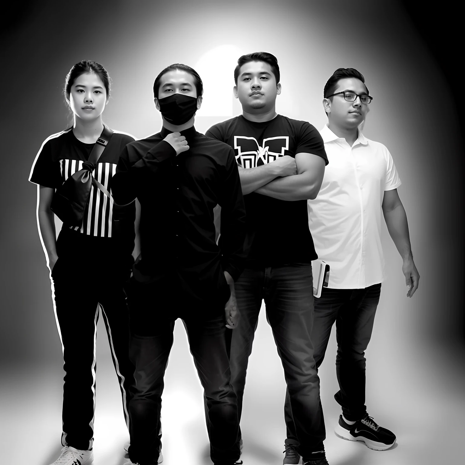 generate a studio background, remove blurs, all shirts are black and white, preserve facial features, do not change facial features.