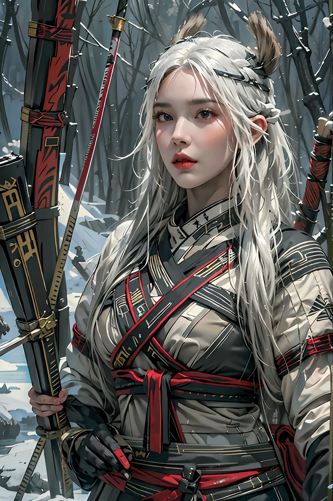 Photorealistic, high resolution, 1womanl, Solo, Hips up, view the viewer, (Detailed face), White hair, Long hair, (((ninjartist_suit, ninjartist))),upper legs, Fishing nets, Pelvic curtain painting 1girl as a Nordic Viking warrior， full bodyesbian， 1girll， arlecchino， double tails， O cabelo multicolorido， wearing viking armor， Detailed skins， fanciful， snowy nordic forest， Model shooting style， （VerydetailedCG）， Beautiful artwork photos， （Antonio Moro）， （Jeremy Mann）， high detal， Sharp focus， dramatics， oil painted， Realistis