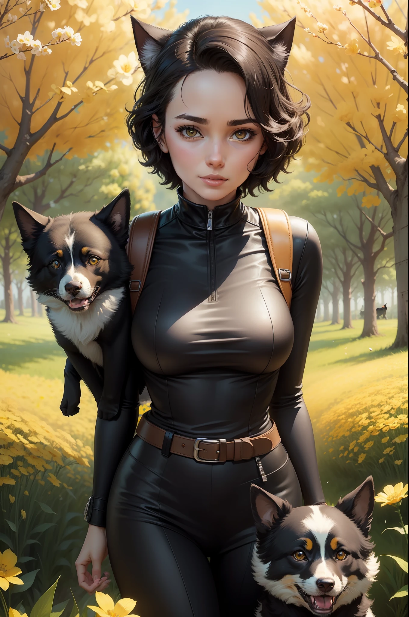 A very charming female catwoman with a backpack and her cute border collie puppy enjoying a lovely spring outing surrounded by beautiful yellow flowers and nature. The illustration is a high-definition illustration in 4K resolution with highly detailed facial features and cartoon-style visuals.