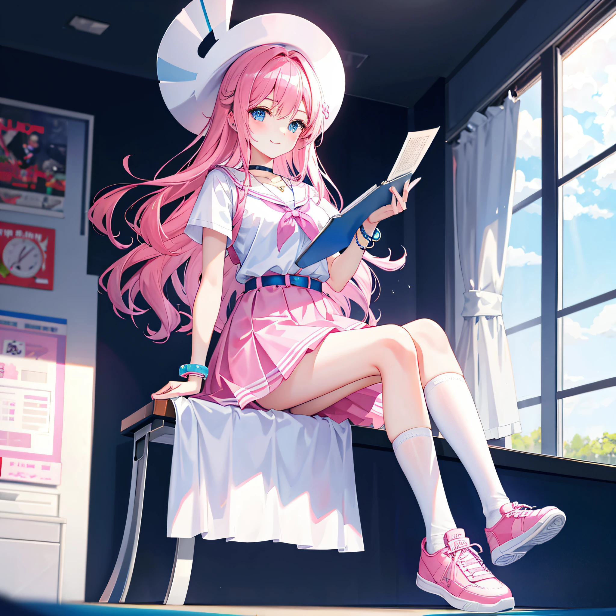 In the classroom,Beautiful Girls' High School,Brightly colored curls,Large, Bright round eyes,Clear blue eyes,Reddening cheeks,Flushing,White dress in minimalist style,Blue bow belt,Pink straw hat and blue ribbon,Pink leather shoes and cartoon animal motif,Holding a book in his hand,Smart and curious eyes,Elegant posture and confident smile sweet、Lovely and young atmosphere,Wearing a cute bracelet,pendant,choker necklace,head gear。Wear over-the-knee socks,Leg socks,athletic sneakers。Falling debris and paper。Masterpiece, Best quality, HD, 8K, A high resolution, Super resolution,
