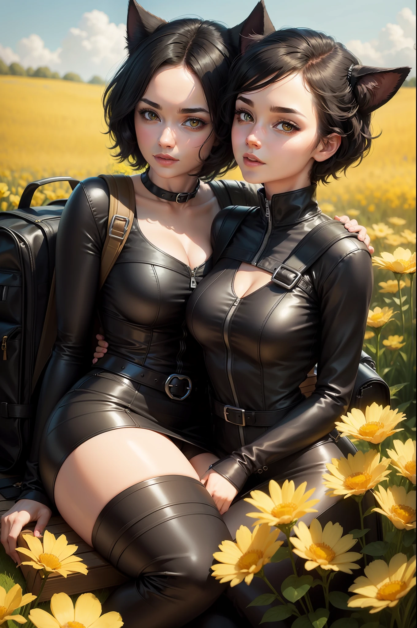 A very charming female catwoman with a backpack and her cute border collie puppy enjoying a lovely spring outing surrounded by beautiful yellow flowers and nature. The illustration is a high-definition illustration in 4K resolution with highly detailed facial features and cartoon-style visuals.