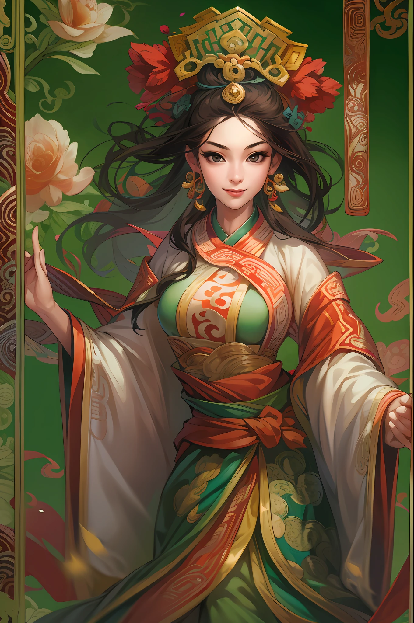 Card design、tarot cards，1female，Three Kingdoms killing style:1.2，Ancient Chinese background，A meticulous face，Clear face，Full body like，Charming dancers，Card background、对称，High picture quality，tmasterpiece，best qualtiy，超高分辨率