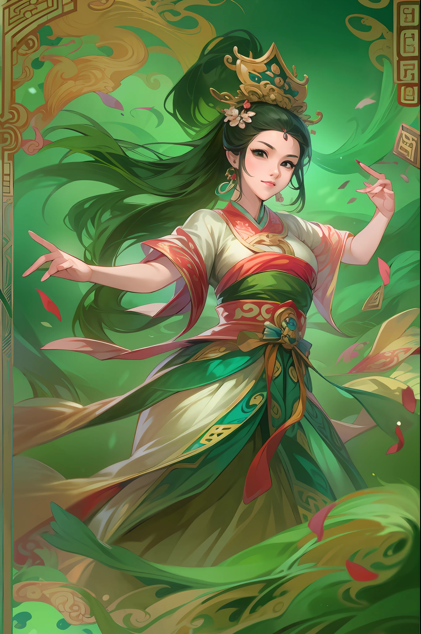 Card design、tarot cards,1female,Three Kingdoms killing style:1.2,Ancient Chinese background,A meticulous face,Clear face,Full body like,Charming dancers,Card background、对称,High picture quality,tmasterpiece,best qualtiy,超高分辨率