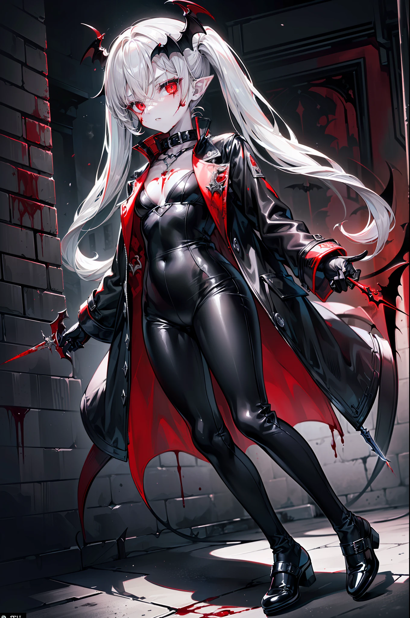 ((masterpiece, best quality, extremely detailed CG, unity 8k wallpaper,anatomically correct,ultra resolution)),Award-winning photography,(best illumination,Very Delicate and Beautiful),(one girl,solo,loli:1.5),(Vampire:1.45),silver hair,(twintails:1.2),(glowing red eyes:1.25),(pale skin:1.45),(extremely beautiful and detailed face:1.2), (extremely beautiful and detailed eyes:1.2),perfect hands,delicate legs,((bat hair ornament)),(fashion style,death atmosphere),pointy ears,skinny,((black leather long coat:1.4, ,black leather pants:1.2,black underwear,black leather shoes,black leather gloves,poped collar)),looking at viewer,menacing,(holding dagger:1.3),head tilt,dark persona,evil,(cute:1.5),((night, dark atmosphere, dark theme, darkness:1.5,dynamic angle)),dramatic shadows,(dimly lit:1.5),blood on face,blood on floor, blood on walls,(blood mist,blood splash:1.4),depth of field,(devil city:1.3),hell flames,(perfect human body structure with maximum precision)