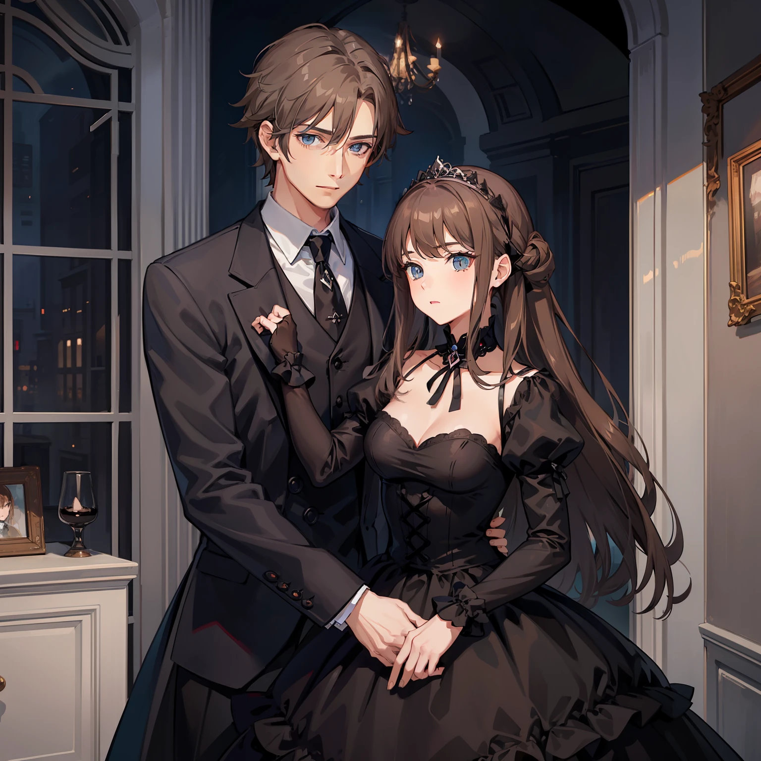 A  girl, grey-blue eyes,brown hair,Gothic dress, The guy has brown eyes,brown hair,Butler's clothes,holding the girl in his arms,