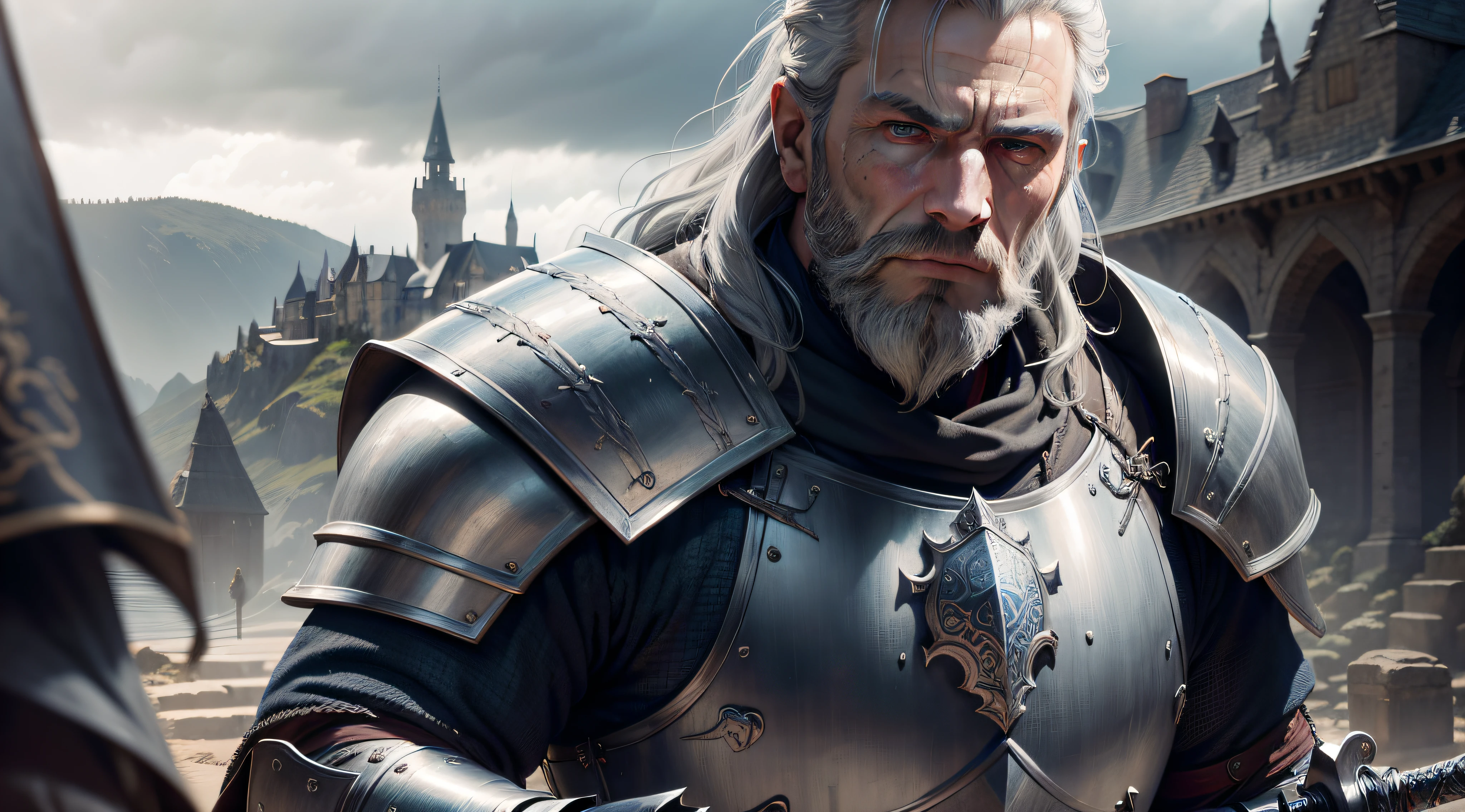 photorealistic, top quality, masterpiece, cinematic composition, slow motion, (medium shot of a medieval knight, sombre and weathered face, beard, grey hair:1.2), chain mail and plate armour, (realistic and detailed|intricate armour:1.1), (visible face:1.3), (photorealistic physiognomy|eyes|iris|skin|musculature, detailed skin, skin texture, natural skin), (holding a sword in his hand:1. 2), frontal perspective, imposing and determined pose, looking forward with determination, skin imperfections, natural skin wrinkles, natural skin spots, highly detailed clothes, abundant details, intricate details, realistic wrinkles in clothing, medieval fantasy landscape, cloudy sky, castle in the background in the distance, radiant lighting, deep shadows, dramatic scene, dark and cool colour palette, blue and grey tones, No other characters in the scene, abundant detail|intricate, detailed landscape, volumetric lighting, (detailed lighting), (detailed light reflections on armour:1. 1), 8k, highly detailed, UHD, HDR, photorealistic facial expression|hairstyle