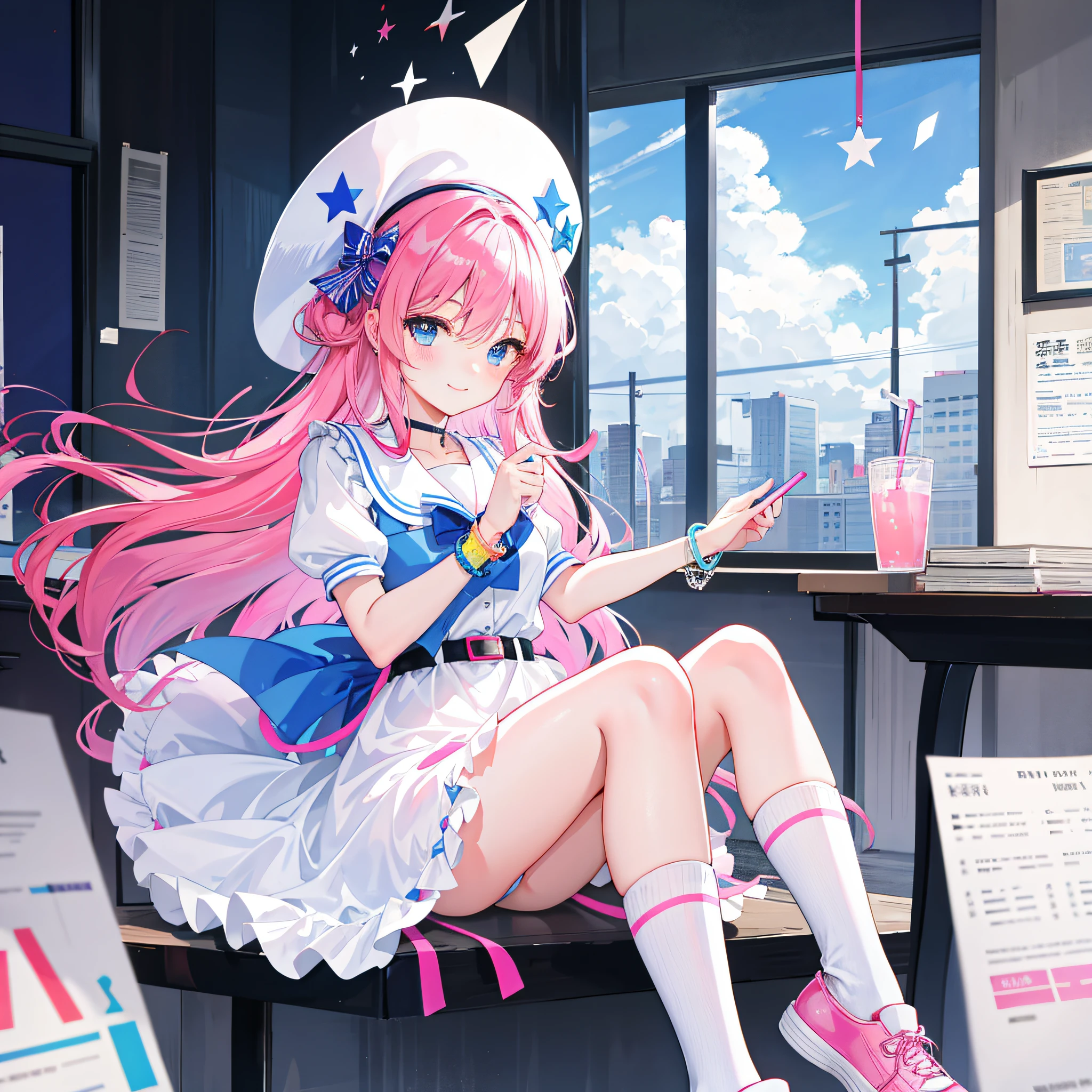 In the classroom，Beautiful Girls' High School，Brightly colored curls，Large, Bright round eyes，Clear blue eyes，Reddening cheeks，Flushing，White dress in minimalist style，Blue bow belt，Pink straw hat and blue ribbon，Pink leather shoes and cartoon animal motif，Holding a book in his hand，Smart and curious eyes，Elegant posture and confident smile sweet、Lovely and young atmosphere，Wearing a cute bracelet，pendant，choker necklace，head gear。Wear over-the-knee socks，Leg socks，athletic sneakers。Falling debris and paper。Masterpiece, Best quality, HD, 8K, A high resolution, Super resolution,