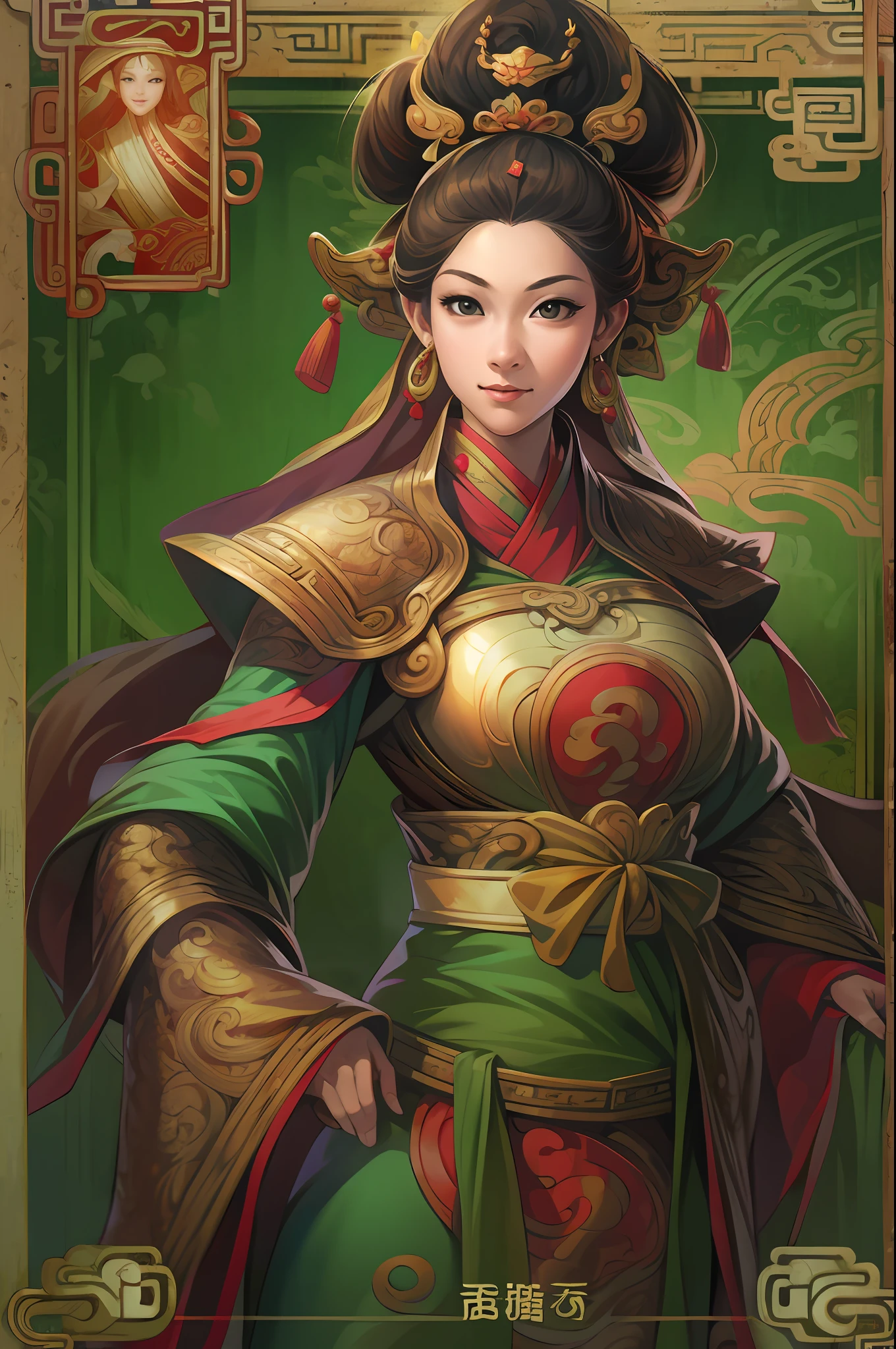 Card design、tarot cards，1female，Three Kingdoms killing style:1.2，Ancient Chinese background，A meticulous face，Clear face，Full body like，Card background、对称，High picture quality，tmasterpiece，best qualtiy，超高分辨率