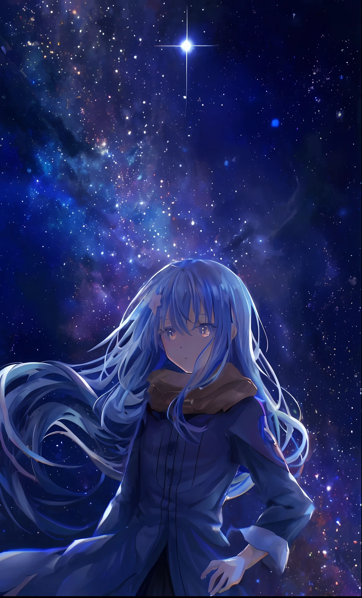 anime girl with long hair and blue eyes standing in front of a star, anime girl with cosmic hair, ufotable art style, anime moe artstyle, star(sky) starry_sky, hd anime wallaper, anime wallaper, nightcore, rimuru tempest, in a galaxy, starry sky!!, anime style 4 k, 4k anime wallpaper