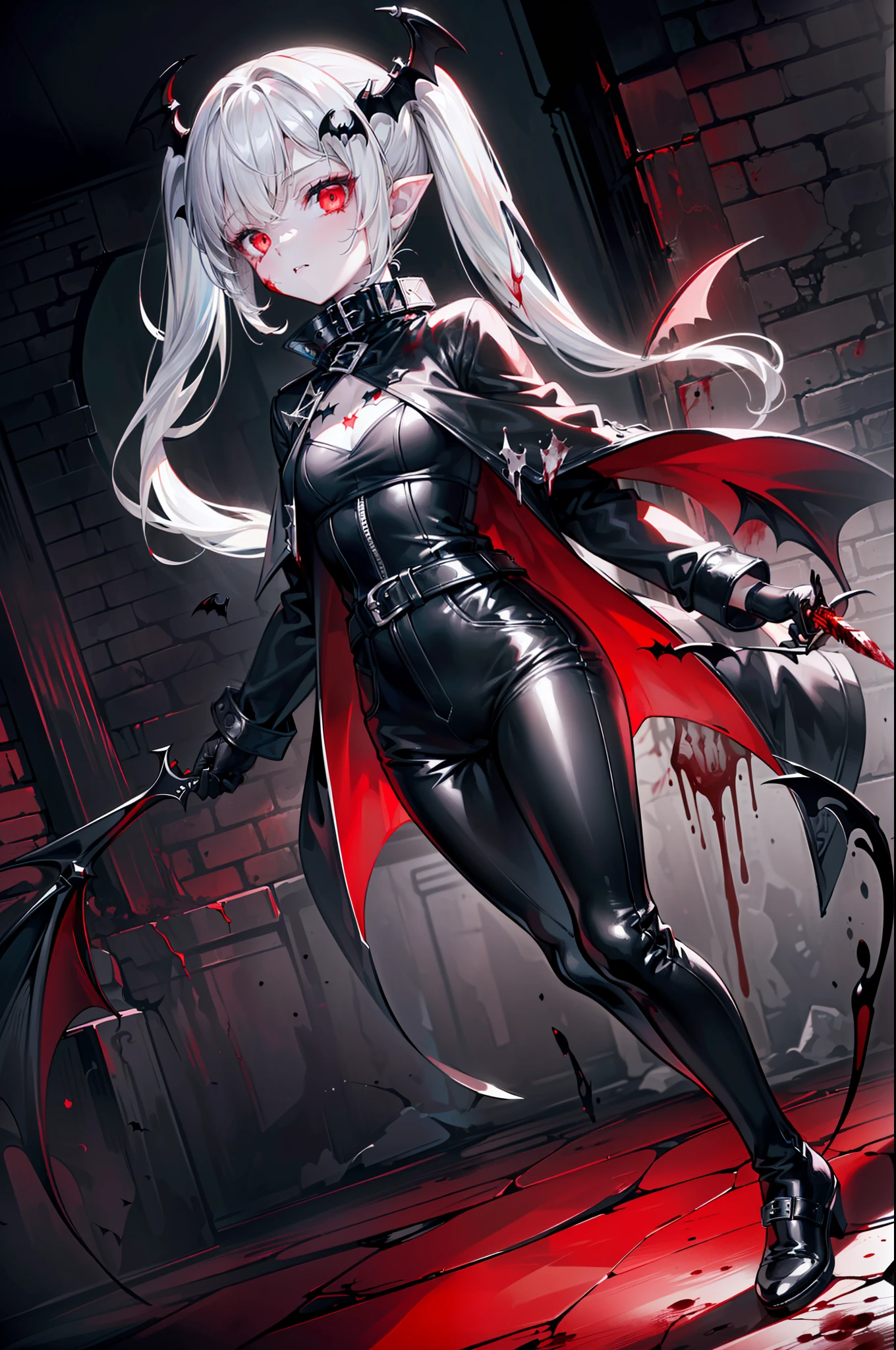 ((masterpiece, best quality, extremely detailed CG, unity 8k wallpaper,anatomically correct,ultra resolution)),Award-winning photography,(best illumination,Very Delicate and Beautiful),(one girl,solo,loli:1.5),(Vampire:1.45),silver hair,(twintails:1.2),(glowing red eyes:1.25),(pale skin:1.45),(extremely beautiful and detailed face:1.2), (extremely beautiful and detailed eyes:1.2),perfect hands,delicate legs,((bat hair ornament)),(fashion style,death atmosphere),pointy ears,skinny,((black leather long coat:1.4, ,black leather pants:1.2,black capelet,black leather shoes,black leather gloves,poped collar)),looking at viewer,menacing,(holding dagger:1.3),head tilt,dark persona,evil,(cute:1.5),((night, dark atmosphere, dark theme, darkness:1.5,dynamic angle)),dramatic shadows,(dimly lit:1.5),blood on face,blood on floor, blood on walls,(blood mist,blood splash:1.4),depth of field,(devil city:1.3),hell flames,(perfect human body structure with maximum precision)
