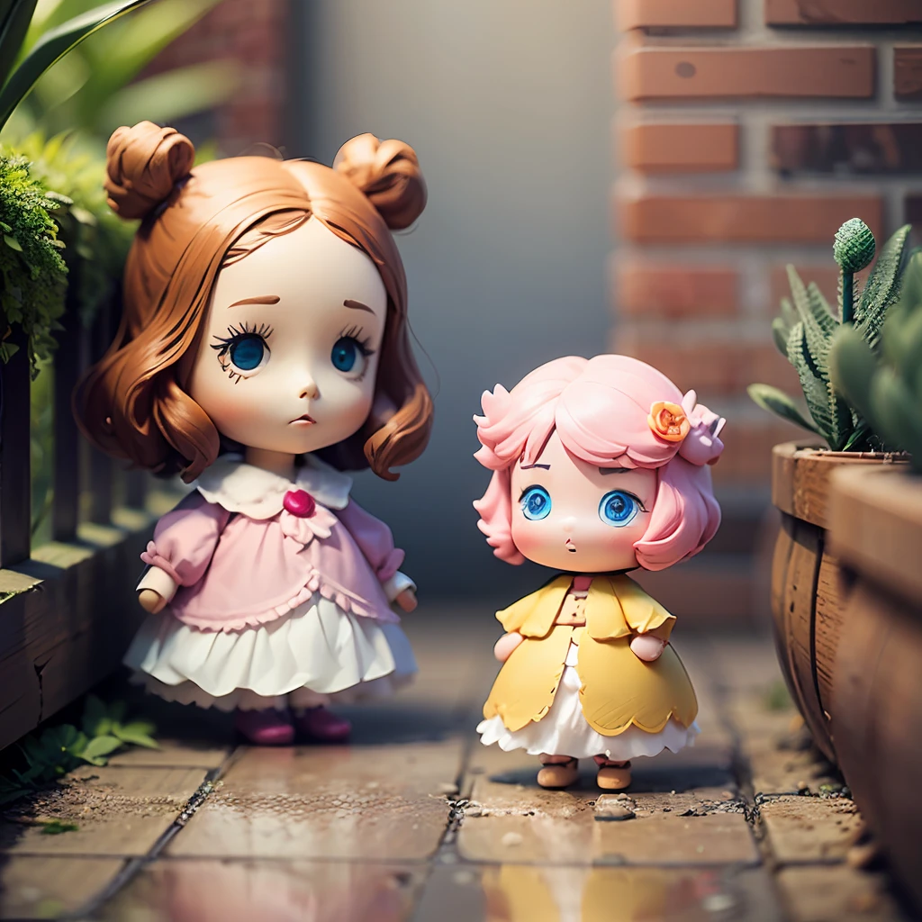 desenho de uma boneca 3D com cabelo rosa com roupas tamanho infantil em um jardim --auto --s2