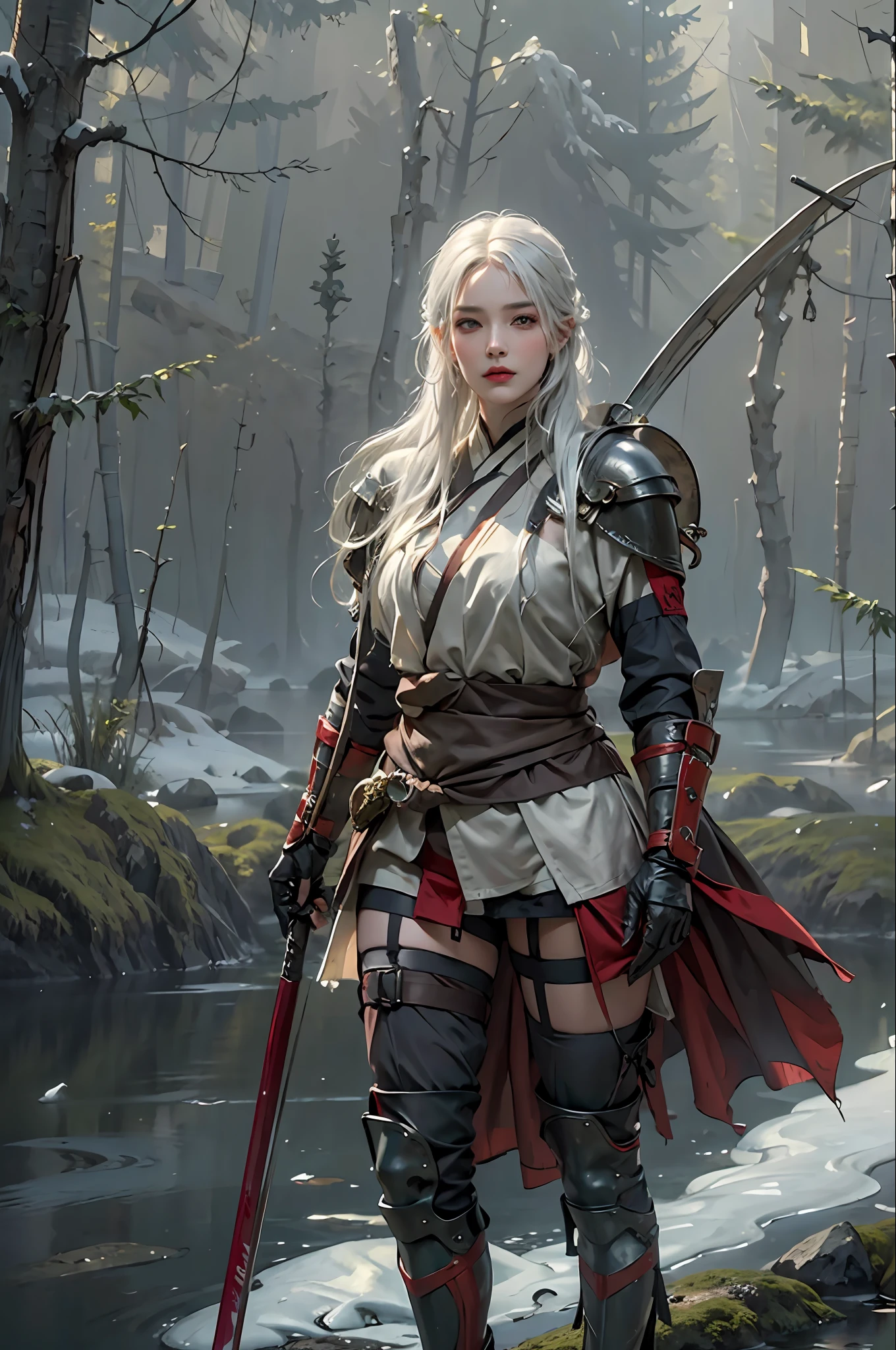 Photorealistic, high resolution, 1womanl, Solo, Hips up, view the viewer, (Detailed face), White hair, Long hair, (((ninjartist_suit, ninjartist))),upper legs, Fishing nets, Pelvic curtain painting 1girl as a Nordic Viking warrior, full bodyesbian, 1girll, arlecchino, double tails, O cabelo multicolorido, wearing viking armor, Detailed skins, fanciful, snowy nordic forest, Model shooting style, (VerydetailedCG), Beautiful artwork photos, (Antonio Moro), (Jeremy Mann), high detal, Sharp focus, dramatics, oil painted, Realistis