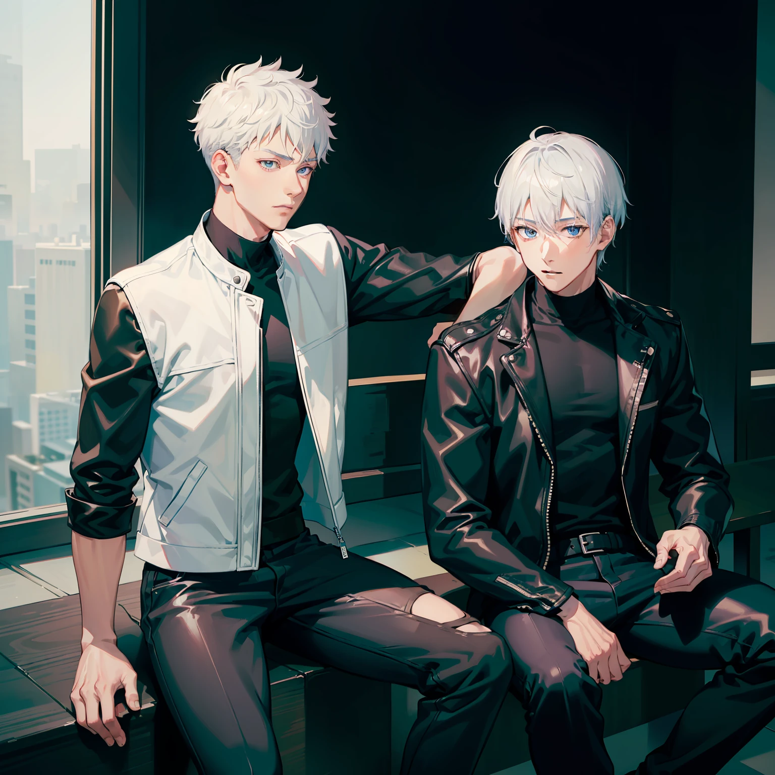 1 men, gojo satoru from jujutsu kaisen, handsome, white short hair, crystal blue eyes, wear a motorcycle leather jacket, black pants, sitting on a black sports motorbike