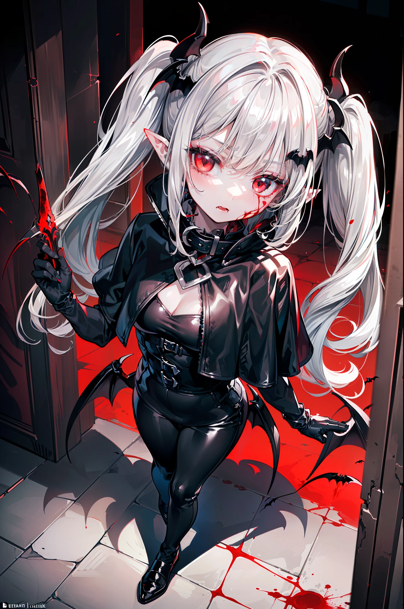 ((masterpiece, best quality, extremely detailed CG, unity 8k wallpaper,anatomically correct,ultra resolution)),Award-winning photography,(best illumination,Very Delicate and Beautiful),(one girl,solo,loli:1.5),(Vampire:1.45),silver hair,(twintails:1.2),(glowing red eyes:1.25),(pale skin:1.45),(extremely beautiful and detailed face:1.2), (extremely beautiful and detailed eyes:1.2),perfect hands,delicate legs,((bat hair ornament)),(fashion style,death atmosphere),pointy ears,skinny,((black leather long coat:1.4, ,black leather pants:1.2,black capelet,black leather shoes,black leather gloves,poped collar)),looking at viewer,menacing,(holding dagger:1.3),head tilt,dark persona,evil,(cute:1.5),((night, dark atmosphere, dark theme, darkness:1.5,dynamic angle)),dramatic shadows,(dimly lit:1.5),blood on face,blood on floor, blood on walls,(blood mist,blood splash:1.4),depth of field,(devil city:1.3),hell flames,(perfect human body structure with maximum precision)