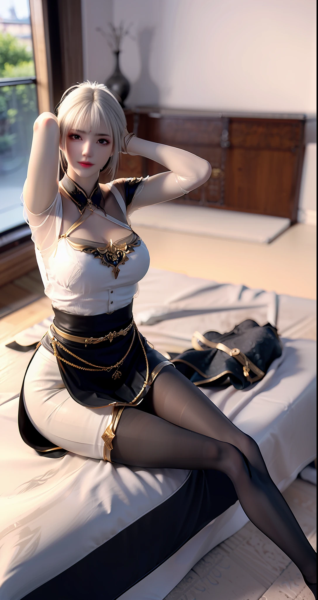 (((1 girl)),ray tracing,(dim lighting),[detailed background (bedroom)),((silver hair)),((silver hair)),(Fluffy silver hair, plump and slender girl))) with high ponytail))) Avoid golden eyes in the ominous bedroom ((((Girl wears a white shirt, black wrinkled skirt with black transparent pantyhose), showing a delicate slim figure and graceful curves, correct limbs, sitting on the bed with hands behind her head, Put both hands behind your head