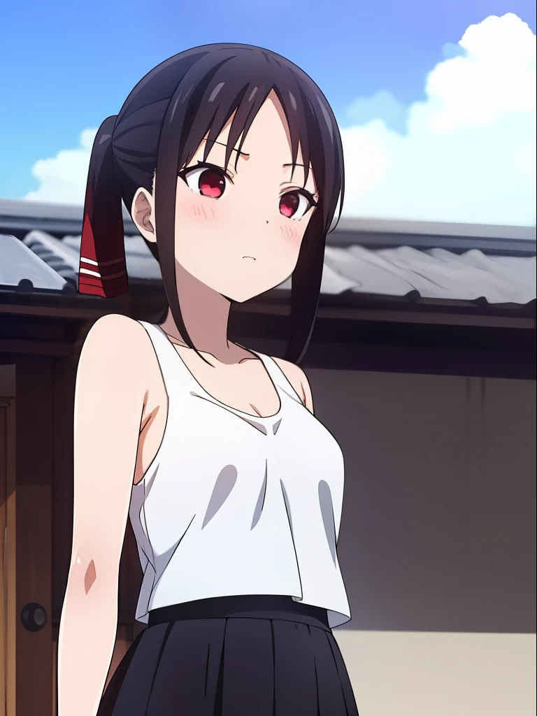 1girl, Shinomiya Kaguya, summer, sunny, white tank top, black skirt, high contrast