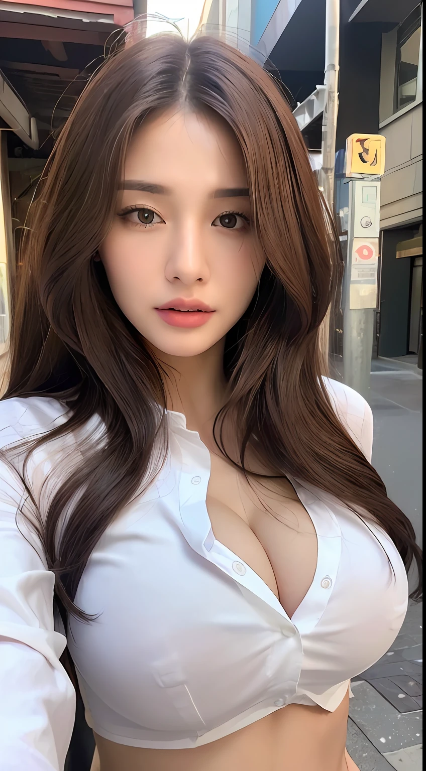 ((Best quality, 8k, Masterpiece :1.3)), (( women porno)),Sharp focus :1.2, A pretty woman porno with perfect figure :1.4, Slender abs :1.2, ((Dark brown hair, Big breasts :1.2)), (White button up long shirt :1.1), City street:1.2, Highly detailed face and skin texture, Detailed eyes, Double eyelid
