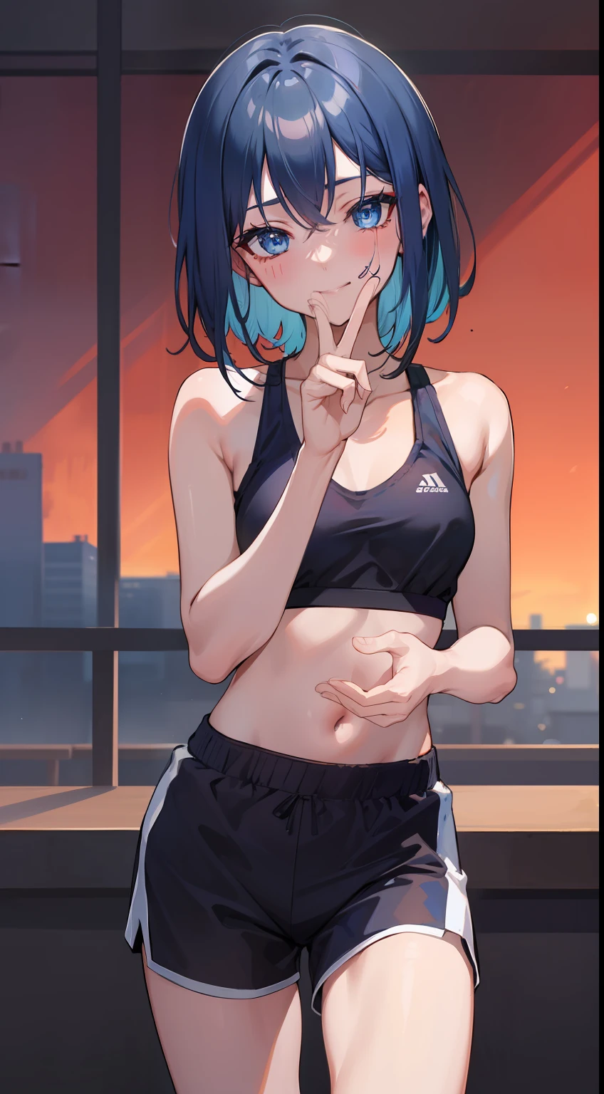 （tmasterpiece）， （（best qualtiy））， （super detailing）， 1 rapariga， dark-blue hair， Dark blue eyes， short detailed hair， Blue sports top， White sports shorts， 浴室， nabel， dampness： 1.1， （jogging： 1.3）， vibrancy， （jogging）， Be red in the face， mediuml breasts， 鎖骨， ssmile， perfect hand， Hand details， Corrected Fingers.耳Nipple Ring，looking_at_viewer，cowboy photo，rich details​，perfect image quality