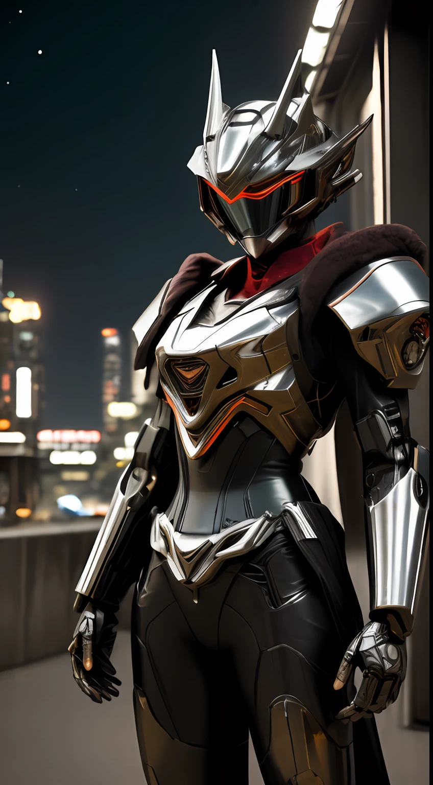 (Realistic: 1.2), (((Overall shot)))masutepiece, Best Quality, ultra-detailliert, very detailed illustration, Very detailed, intricate detailes, High resolution, Super Intricate Details, extremely detailed 8k CG wallpaper, (neons: 1.2),1girl in, (Full metal body:1.5,Fiber optic body: 1.2), (Realistic metallic glow), cowboy lens, Caustics, Reflectors, Ray tracing,( Devil theme,Pallas Athena theme) Silver and red body,Red body,Kamen Rider,Gundam,nebulas, Dark halo, Network Effects, (1 girl: 1.4), Solo, Mechawood Sumui, Mechanical parts, Robot joints, Single robot arm, Head dress, Mechanical halo, Star Halo, Complex mechanical tights, mecha corset, Kimono, fully armoured, ((Holding a large gun in your hand)),Red Eyes, Glowing eyes, Eye Track, Random expressions, Random movement, ancient japanese architecture, Ponds, Starry sky, sky line, (( Colossal tits:1.7 , low cut,Accentuated cleavage,perfectly proportions,Sensual female body,Overhanging udder)),城市,nighttime scene,natta,glowing sword in hand、With a big gun,cloaks