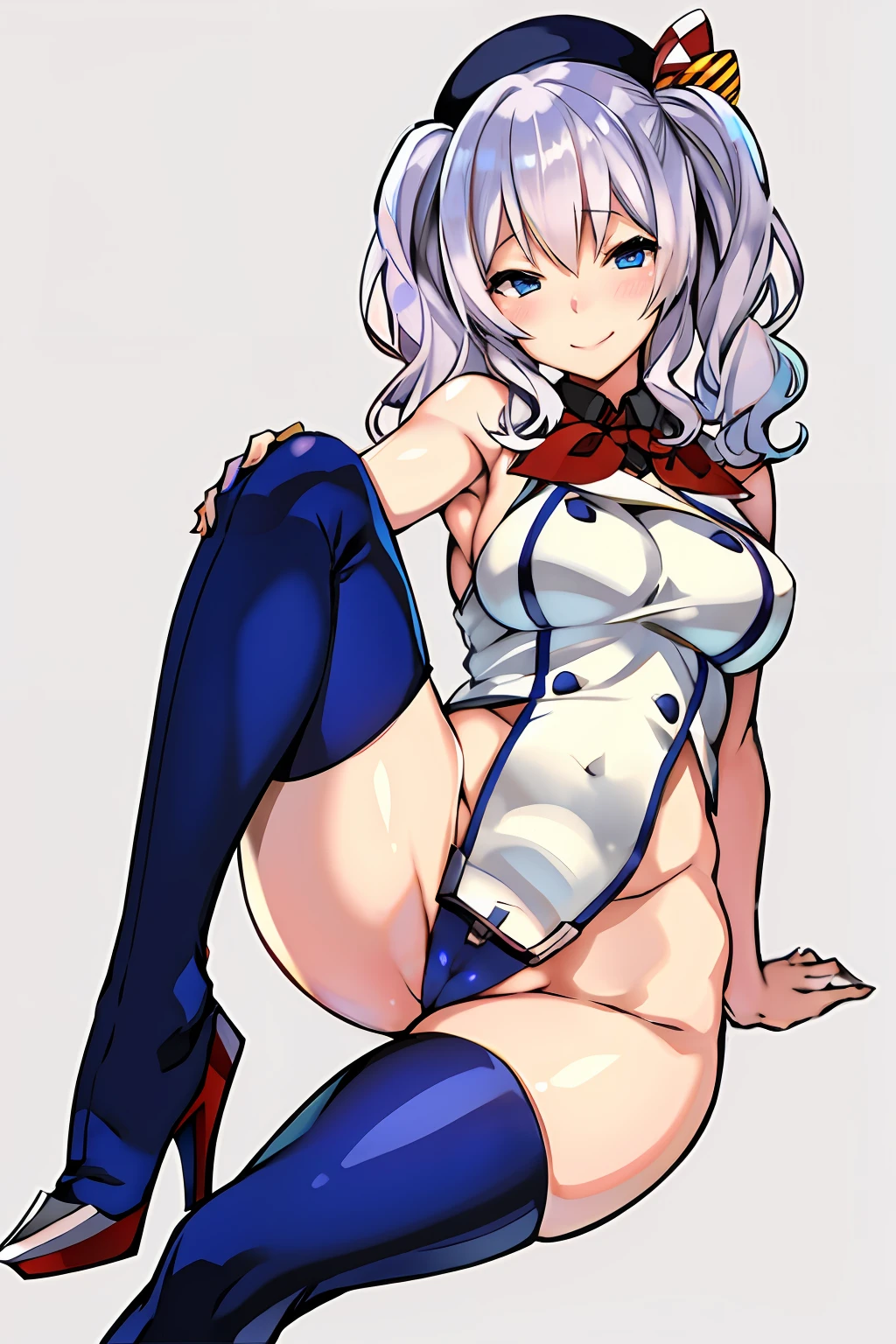 1girl in、独奏、masterpiece、top-quality、Kashima OG、kashima\(kancolle\)、white hair、blue eyess、hair wavy、Twin-tailed、tsurime eyes、beret、A smile、embarrassed from、red blush、Colossal tits、Black enamel、Bondage、highleg、Black enamel、thigh high boots、Squat on the floor、Open your crotch wide from side to side、Opening legs、Show your crotch to the camera、stares at the camera、Arms behind your head、Show off your armpits、with blue sky and white clouds、Warship deck
