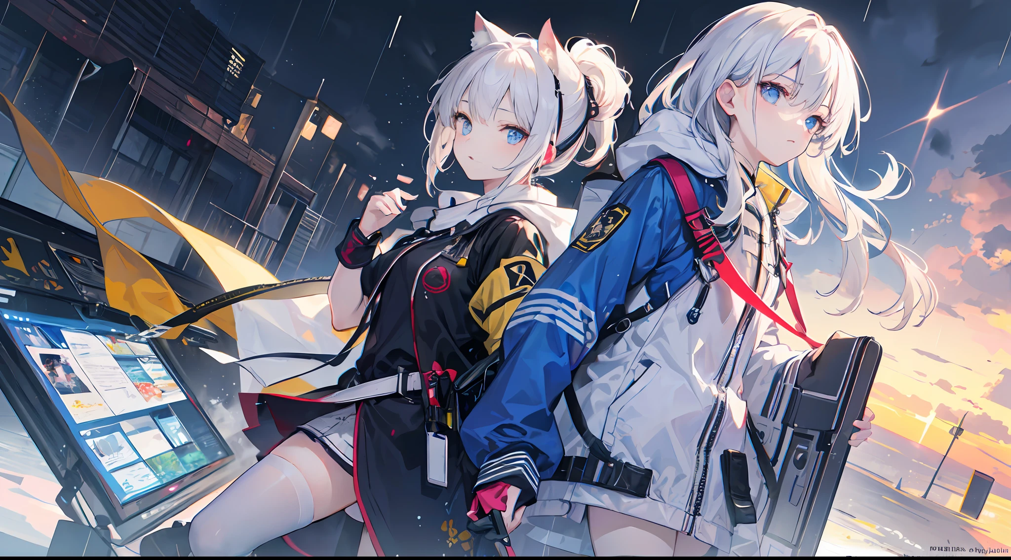 ((high qulity)), ((tmasterpiece)), 8K, Two girls, bulletproof vest, llight rays, Extremely detailed CG unifies 8K, 8K, Diamond, and wallpaper, GameCG, looking at viewert, mitts, Boots, full bodyesbian, Wrist watch, Computer,Masks,UAVs,handheldweapons,Earphone,jaket,Bao,backpacks,Ark of tomorrow style,Black and white blend trench coat,围巾,with short white hair,Issuing,The sword,yellow armband,Yellow band,Black strap,blue stripe,red color eyes,The sword,Firearms,Straighten your hair with both hands,Detailed hands,detailed back ground,detailed face with,A masterpiece of the Rhode Island Bridge,(best qualtiy:1.2),(super-fine:1.2),illustratio,(Extremely refined and beautiful:1.2),Movie Angle,floatking,(beatiful detailed eyes:1.1),(Detail light:1.1),电影灯光,Exquisite sky,woman,whaite hair,eBlue eyes,(high ponytails:1.1),cloaks,glowing light eyes,(themoon:1.2),(rays of moonlight:1.1),starrysky,(Light particles:1.1),Mist,Snow painting,full bloom,废墟,little bit of raining,,Earphone,White cat ears,Rained,Rain drops,Black hairpin,yellow armband,Blue sea,White tights,white stockings,城市,karo