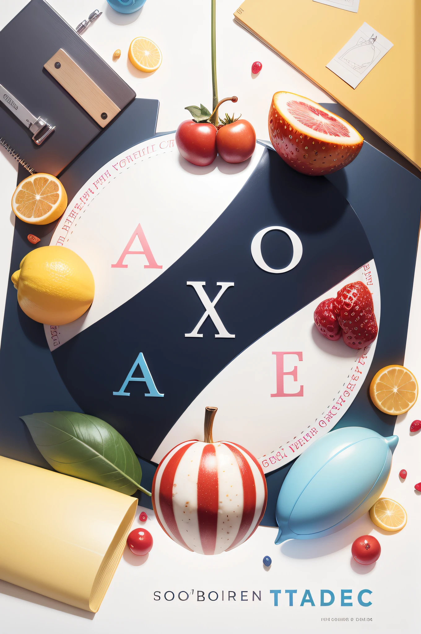 Create a fun cover for a children's book that doesn't exist yet, The book contains more than 40 children's activities on the complete alphabet, em um fundo branco, I don't want it to have characters, Titles or written words, Quero que tenha algumas letras separadas, Frutas, objetos e animais.