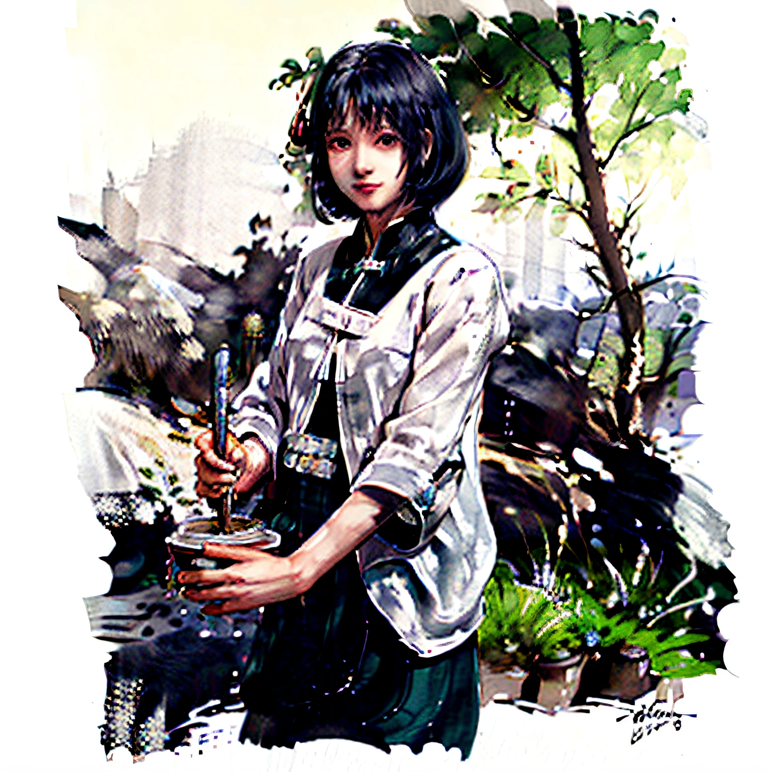 (upper body: 1.5),(white background:1.4), ((tachi-e)), original,(illustration:1.1),(best quality),(masterpiece:1.1),(extremely detailed CG unity 8k wallpaper:1.1), (colorful:0.9),(panorama shot:1.4),(full body:1.05),(solo:1.2), (ink splashing),(color splashing),((watercolor)), clear sharp focus,{ 1girl standing },((chinese style )),flower background,outdoors,rocks, looking at viewer, make happy expressions,soft smile,pure,beautyfull detailed face and eyes,beautyfull intricacy clothing decorative pattern details, black hair,black eyes,colorwater