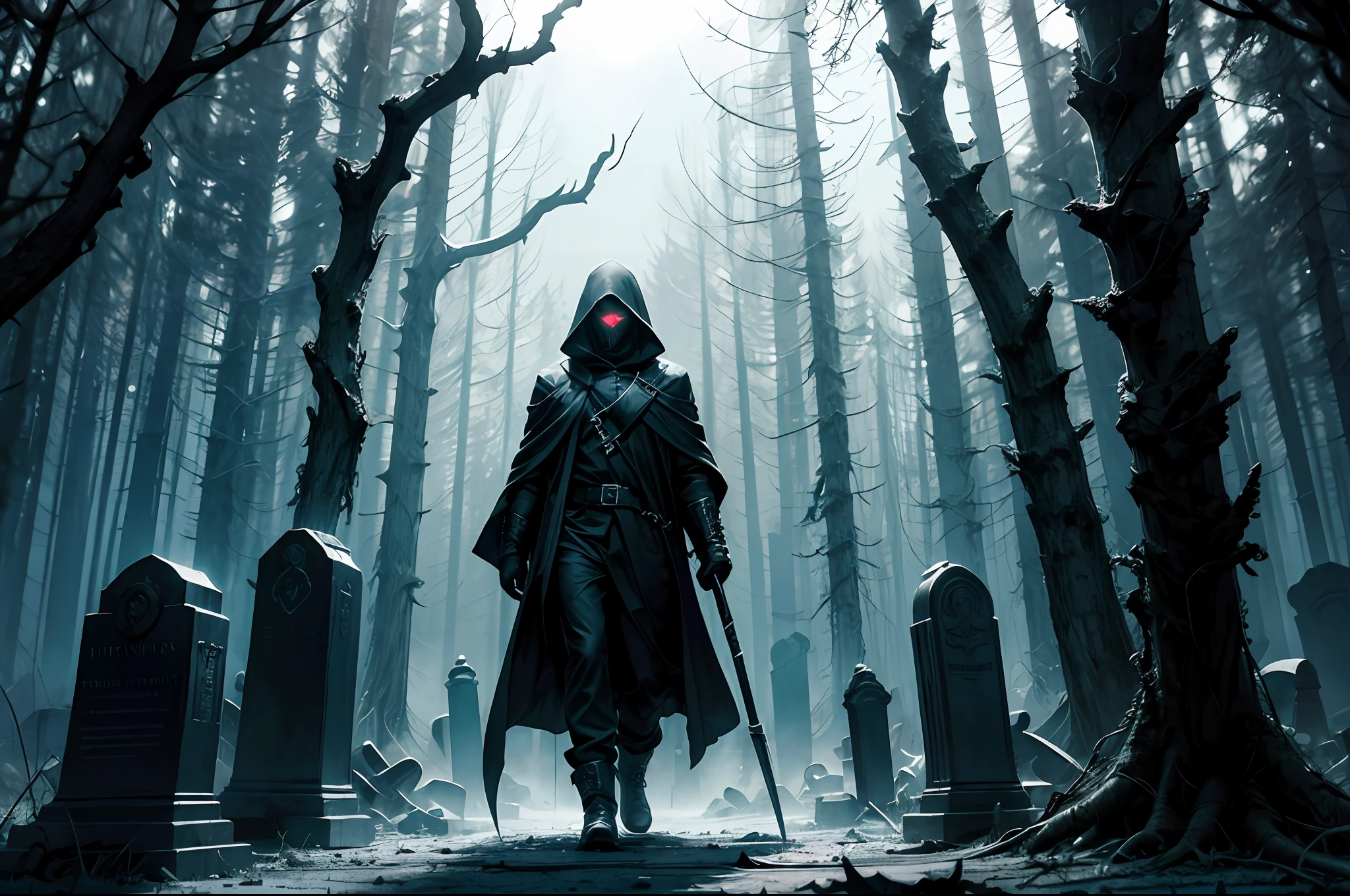"A dark and eerie composition depicting the 'Hell Messenger,' a sinister figure cloaked in shadows with glowing red eyes, surrounded by swirling darkness. High contrast, intense lighting, and dramatic angles enhance the menacing atmosphere. The scene is set in a desolate graveyard, with crumbling tombstones and eerie fog creeping among the twisted trees. The 'Hell Messenger' holds a scythe, radiating an aura of power and darkness. The overall mood is haunting and foreboding, capturing the essence of the underworld."
