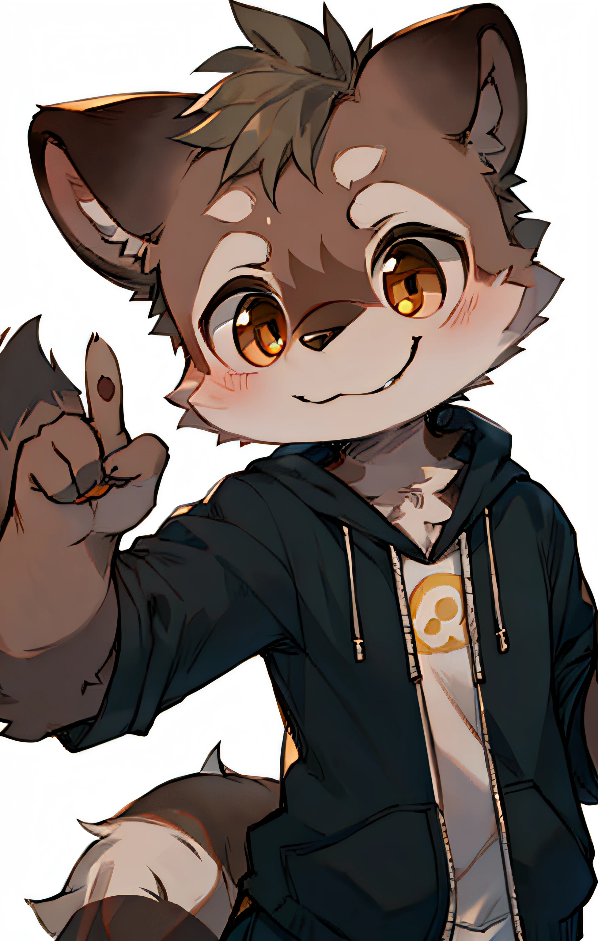 brown raccoon happily posing for the camera, smiling warmly and flashing a friendly peace sign
