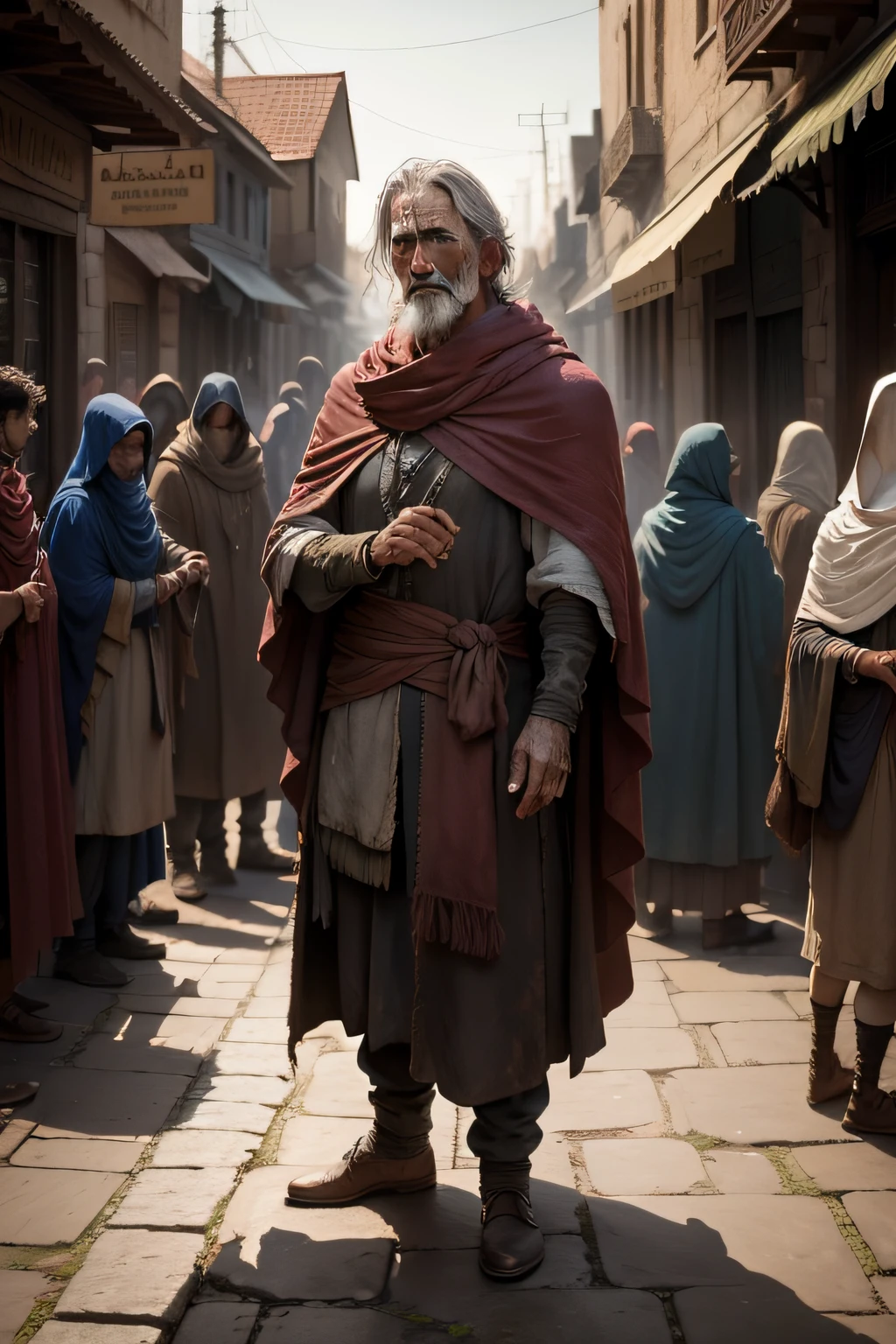 a beggar standing in a poor town surrounded by several people around him with an old cloak in his hand