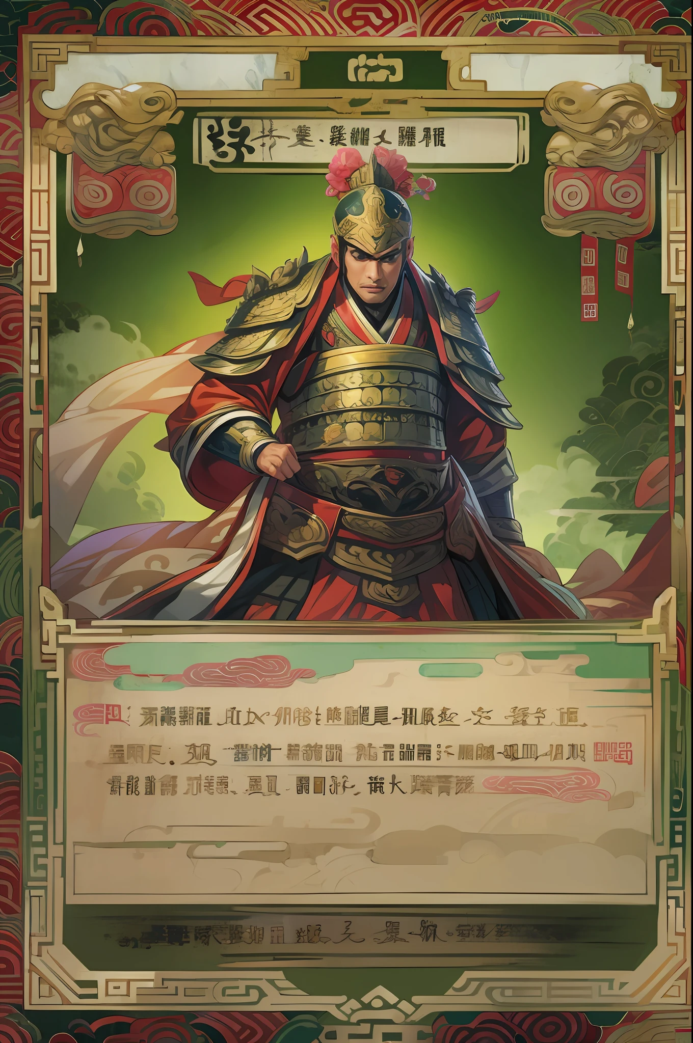 Card design,1male people,Three Kingdoms killing style:1.2,Ancient Chinese background,A meticulous face,Clear face,Full body like,Shogun,Armor,Card background、对称,High picture quality,tmasterpiece,best qualtiy,超高分辨率