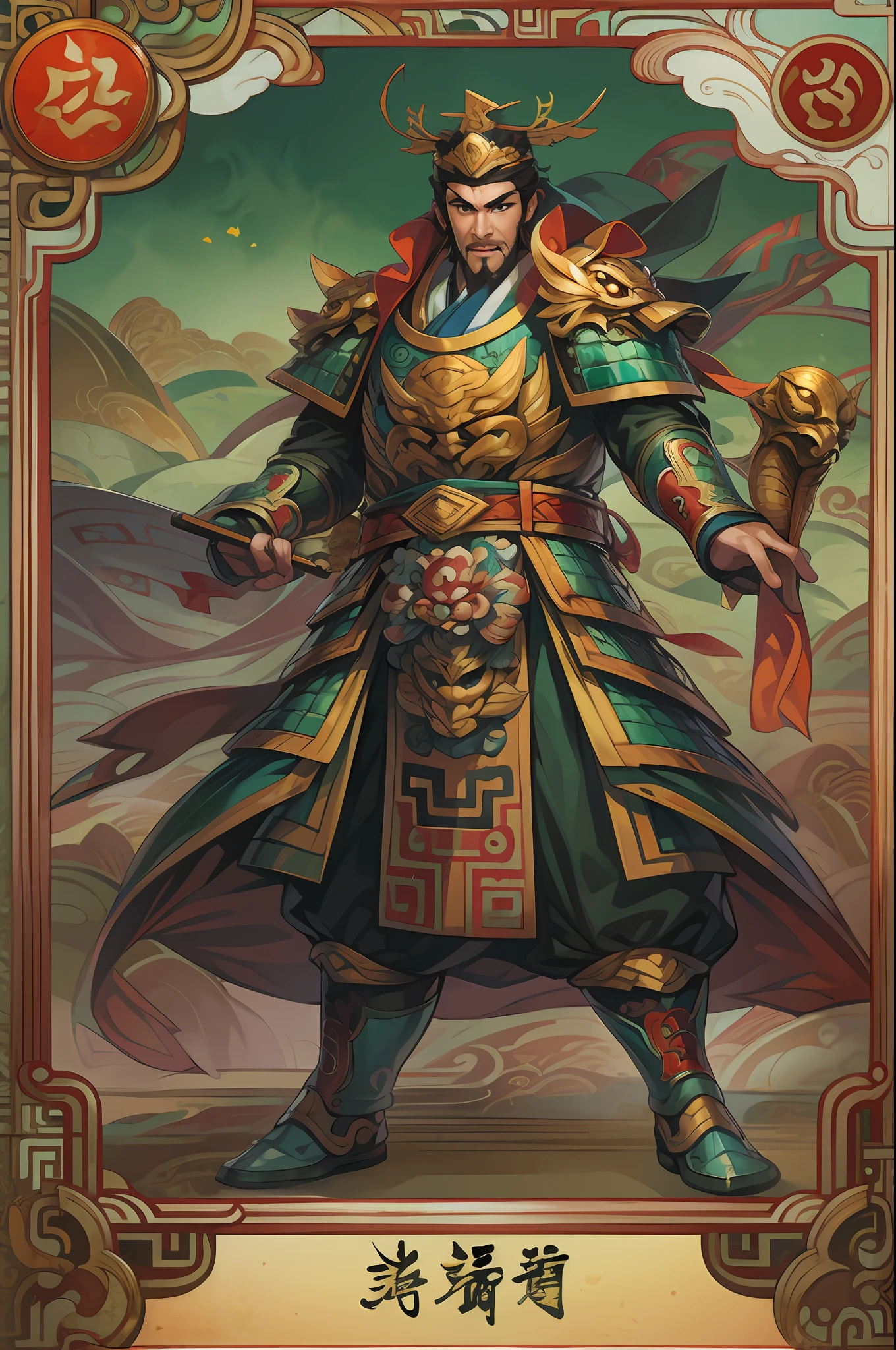 Card design，1male people，Three Kingdoms killing style:1.2，Ancient Chinese background，A meticulous face，Clear face，Full body like，Shogun，Armor，Card background、对称，High picture quality，tmasterpiece，best qualtiy，超高分辨率