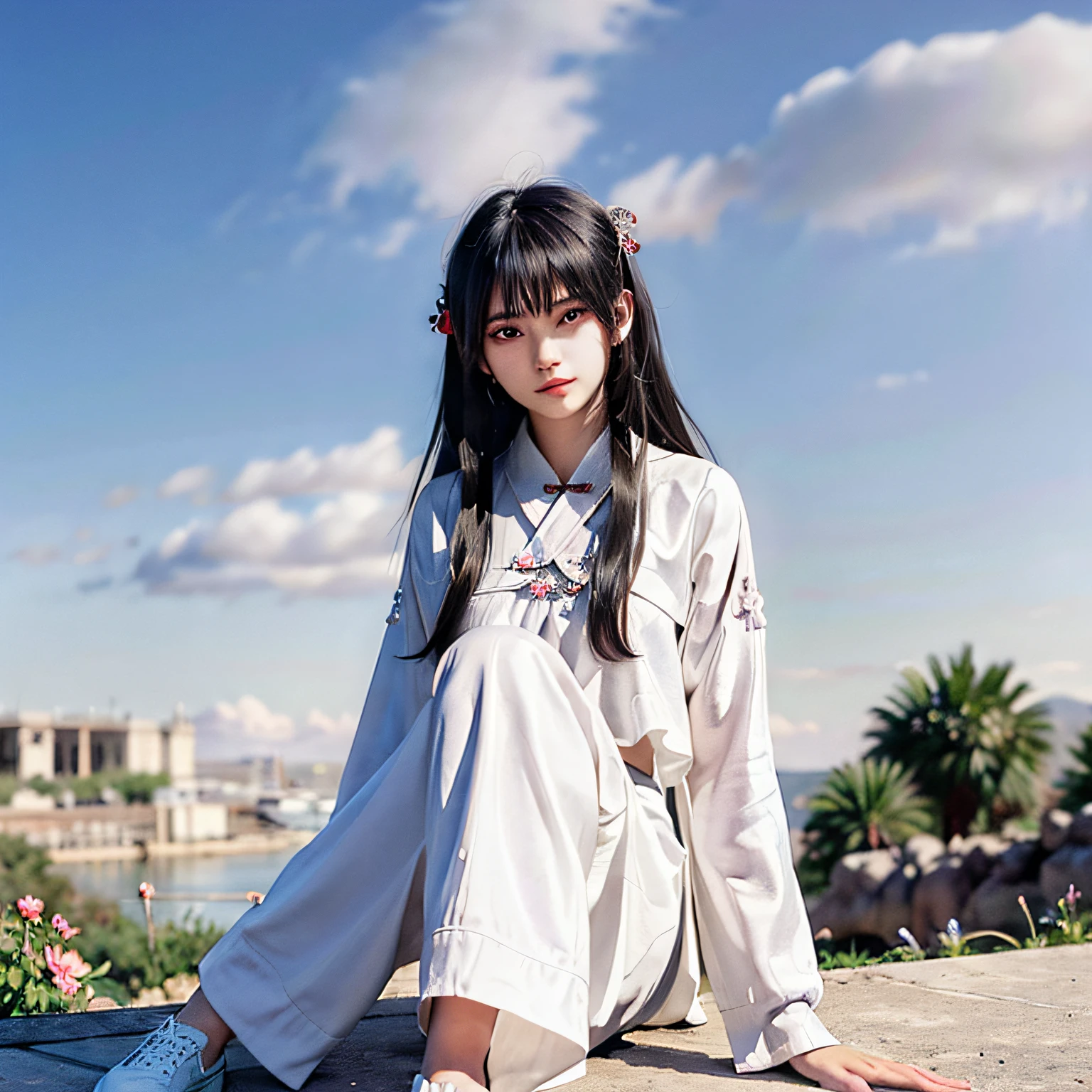 (upper body: 1.5),(white background:1.4), ((tachi-e)), original,(illustration:1.1),(best quality),(masterpiece:1.1),(extremely detailed CG unity 8k wallpaper:1.1), (colorful:0.9),(panorama shot:1.4),(full body:1.05),(solo:1.2), (ink splashing),(color splashing),((watercolor)), clear sharp focus,{ 1girl standing },((chinese style )),flower background,outdoors,rocks, looking at viewer, make happy expressions,soft smile,pure,beautyfull detailed face and eyes,beautyfull intricacy clothing decorative pattern details, black hair,black eyes,colorwater:0.5