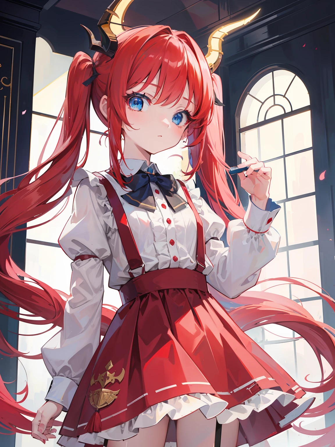 {{best quality}}, {{masterpiece}}, {{ultra-detailed}}, {illustration}, {detailed light}, red hair,blue eyes,twintails,lolita,Suspenders skirt,Fantastic,loli,solo,Dragon horns, girl,long hair