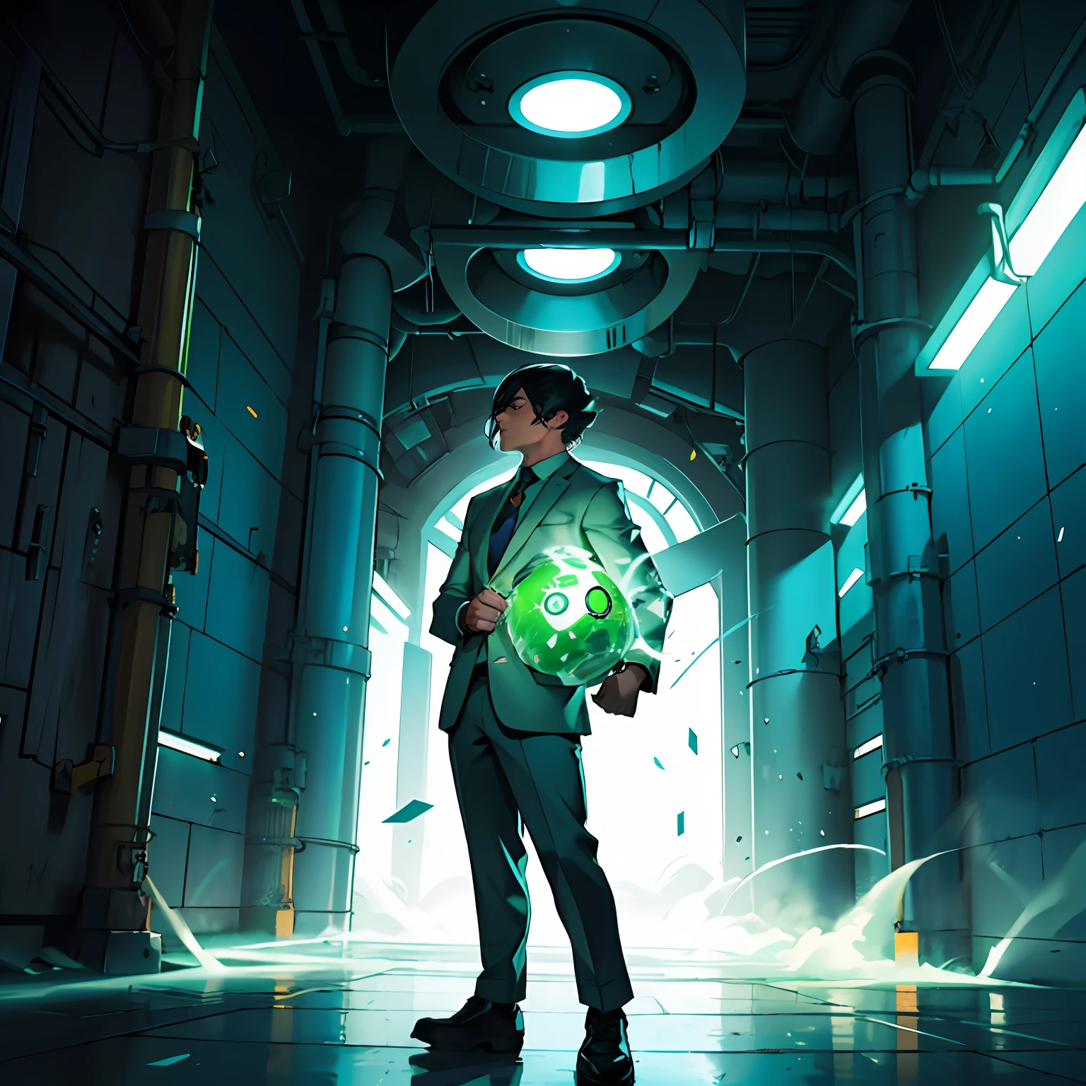 male people，Around halos and particles，Solo，light particules，Green short bob hair，Business suit，trousers，shoe，Full body photo，nuclear，radiating，Heavy ions，Treatment of cancer