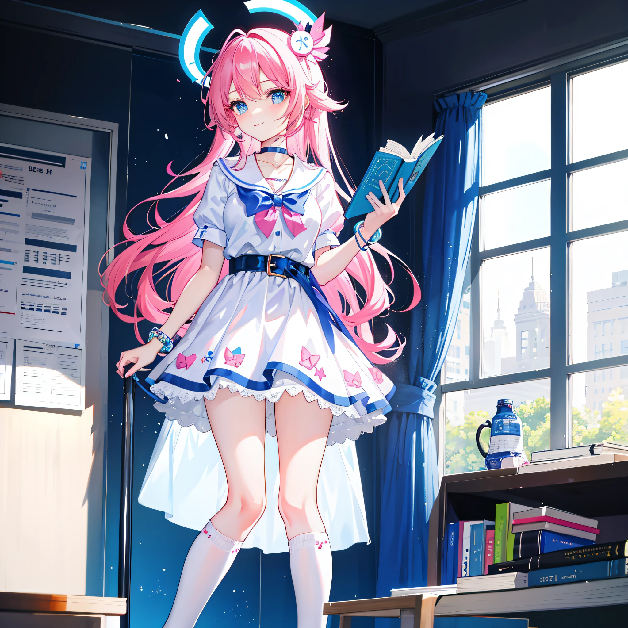 In the classroom，A beautiful girl high school，Bright colored curls，Large, bright round eyes，Clear blue eyes，Pink cheeks and flushing，White dress in minimalist style，Blue butterfly knot belt，ribbon on blue，Pink leather shoes and cartoon animal motif，Holding a book in his hand，Smart and curious eyes，Elegant posture and confident smile sweet、Lovely and youthful atmosphere，Wearing a cute bracelet，pendant，choker necklace，head gear。Wear over-the-knee socks，Leg socks，athletic sneakers。Falling debris and paper。masterpiece, best quality, hd, 8k, highres, super resolution,