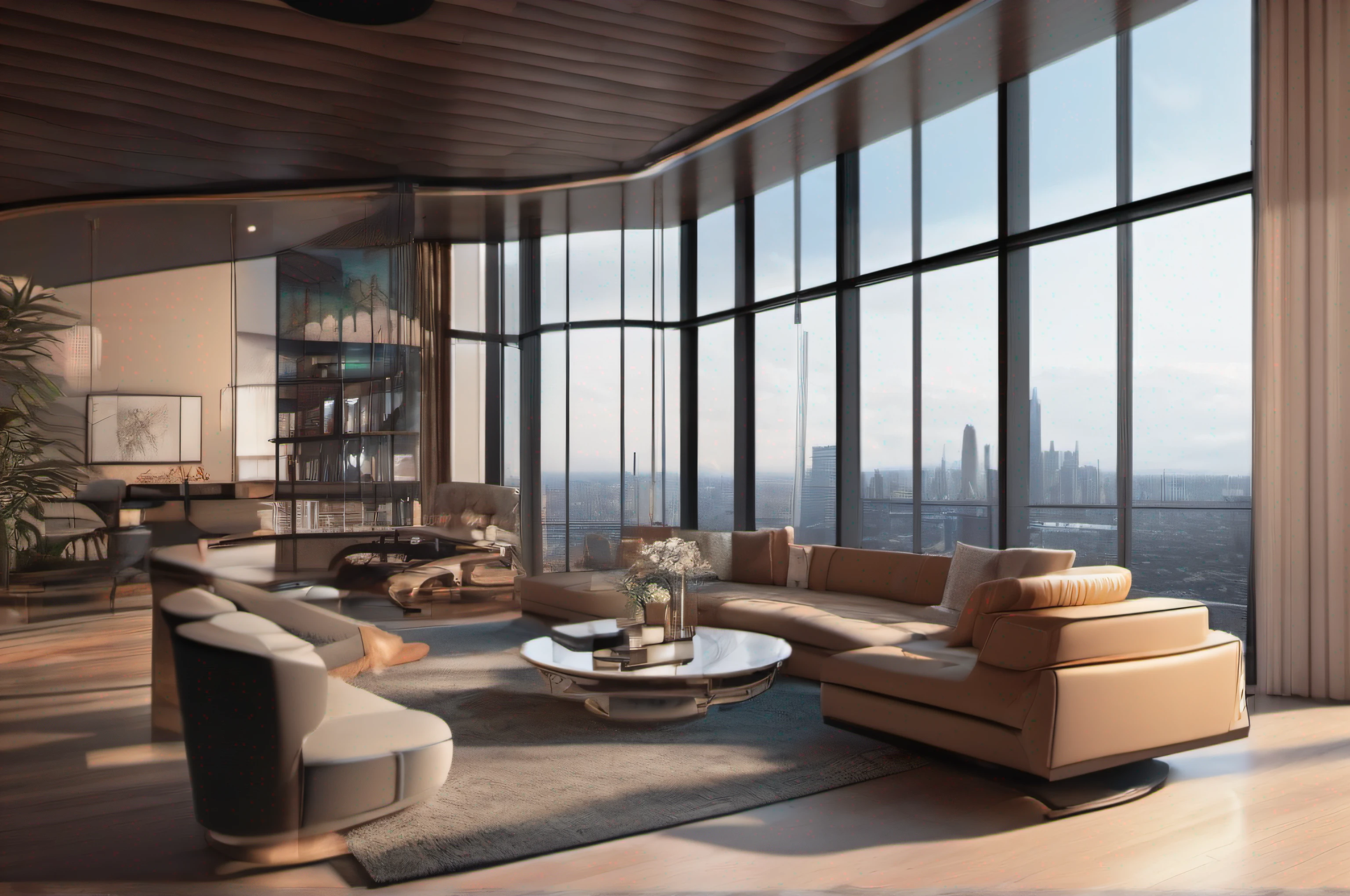 (extremely detailed CG unity 8k wallpaper),(((masterpiece))), (((best quality))),high resolution concept art of an apartment living room overlooking a large futuristic city with floor to ceiling windows and mid century modern furniture cinematic lighting cgsociety