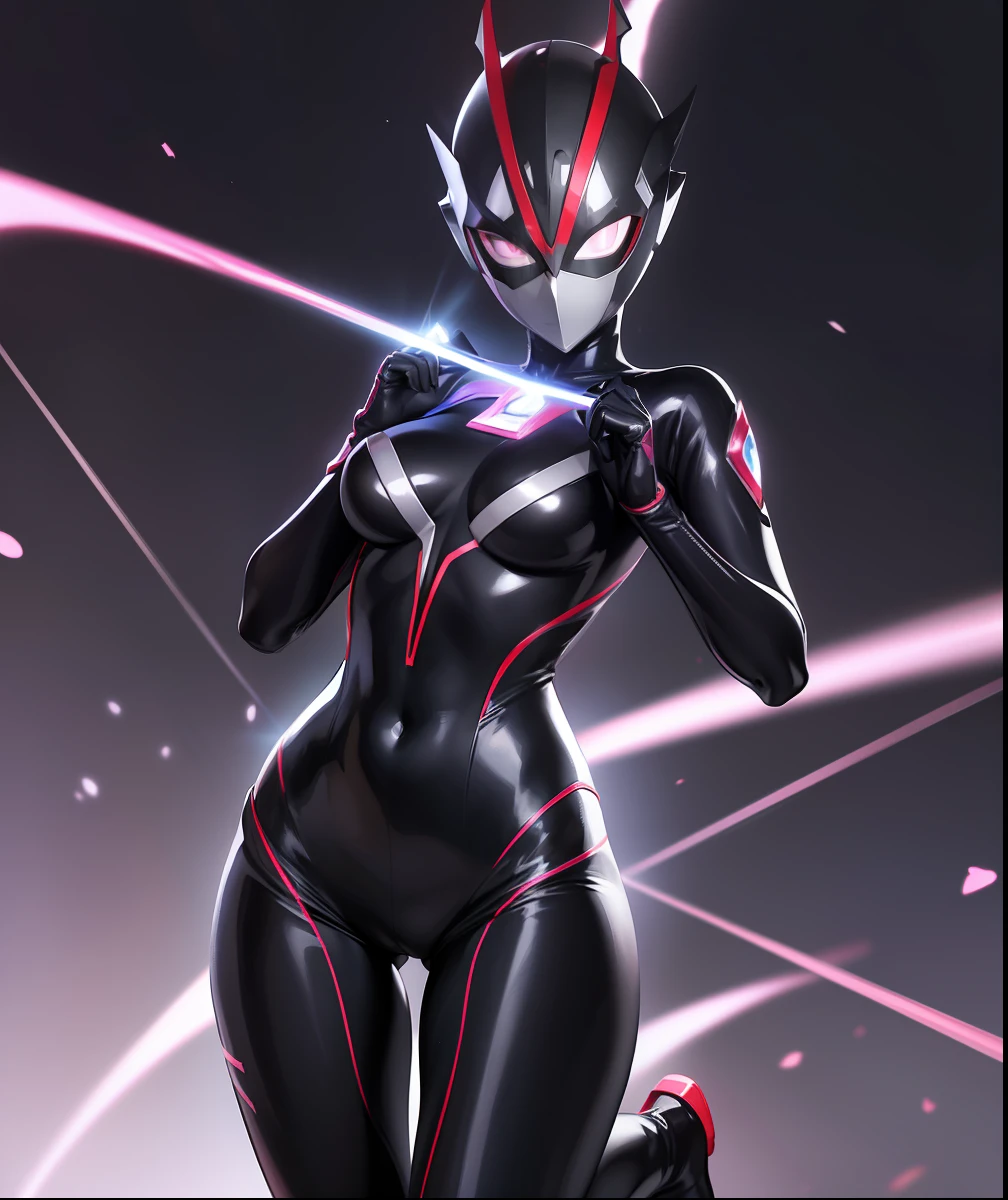 The beautiful figure of Ultraman Woman。Cover his true face with a black mask。Female Solo。Drossel's eyes shine。The whole body is covered with a black bodysuit。One female protagonist。Pink lines color the whole body beautifully......。The chest has a radiant core。Active Pose。fullbody image。