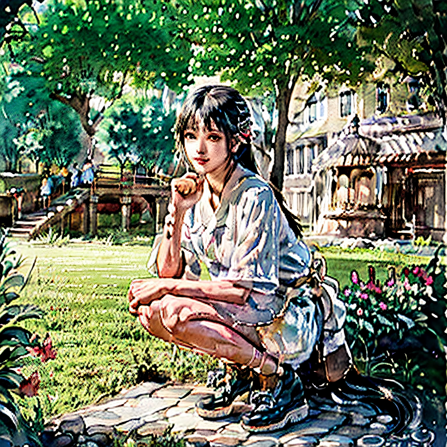 (upper body: 1.5),(white background:1.4), ((tachi-e)), original,(illustration:1.1),(best quality),(masterpiece:1.1),(extremely detailed CG unity 8k wallpaper:1.1), (colorful:0.9),(panorama shot:1.4),(full body:1.05),(solo:1.2), (ink splashing),(color splashing),((watercolor)), clear sharp focus,{ 1girl standing },((chinese style )),flower background,outdoors,rocks, looking at viewer, make happy expressions,soft smile,pure,beautyfull detailed face and eyes,beautyfull intricacy clothing decorative pattern details, black hair,black eyes,colorwater:0.5