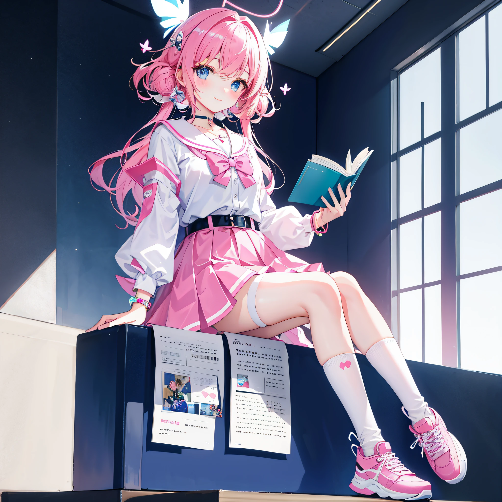 In the classroom，A beautiful girl high school，Bright colored curls，Large, bright round eyes，Clear blue eyes，Pink cheeks and flushing，White dress in minimalist style，Blue butterfly knot belt，ribbon on blue，Pink leather shoes and cartoon animal motif，Holding a book in his hand，Smart and curious eyes，Elegant posture and confident smile sweet、Lovely and youthful atmosphere，Wearing a cute bracelet，pendant，choker necklace，head gear。Wear over-the-knee socks，Leg socks，athletic sneakers。Falling debris and paper。masterpiece, best quality, hd, 8k, highres, super resolution,