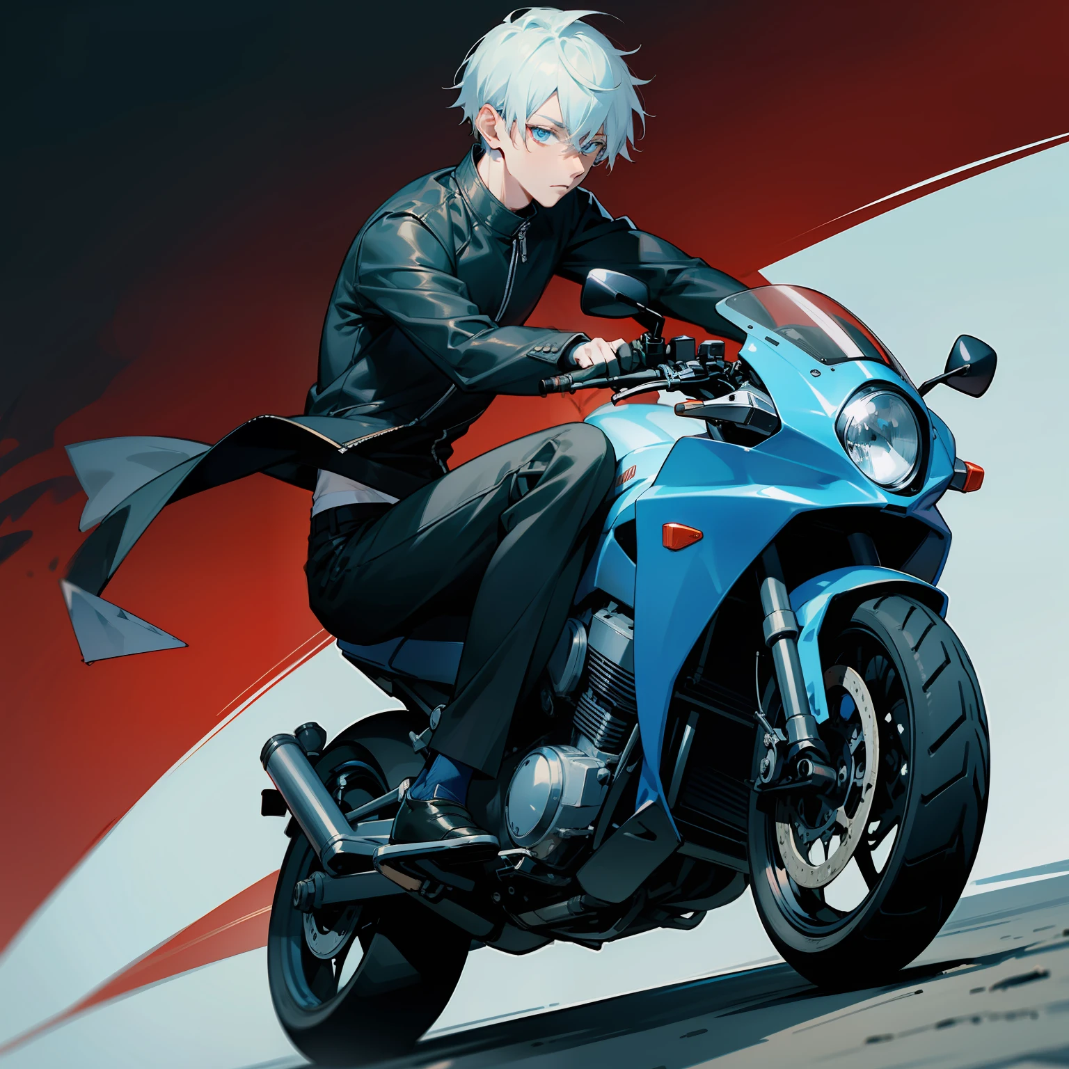 1 men, gojo satoru from jujutsu kaisen, handsome, white short hair, crystal blue eyes, wear a motorcycle leather jacket, black pants, sitting on a black sports motorbike