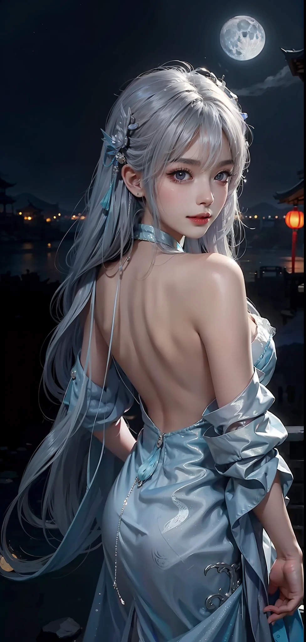 beautiful Girl,Bare back,back Lighting,There is a Chinese dragon tattoo on the back,Silver bracelet,Long hair shawl,River side,the night,Moon,Big eyes close-up,Upper body photo